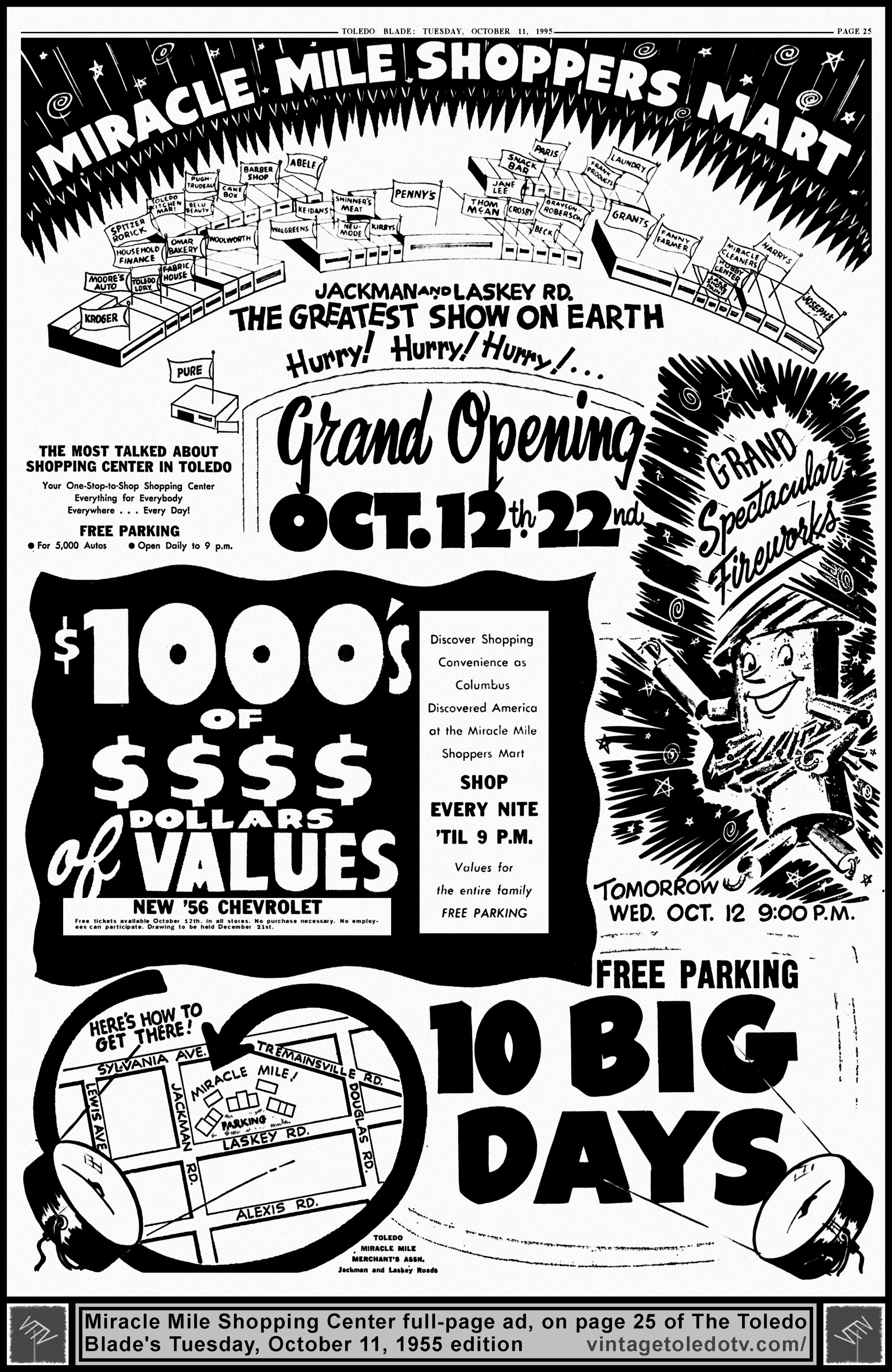 Miracle Mile Shopping Center Grand Opening (Tuesday, 10/11/55 full-page ad, in The Toledo Blade)