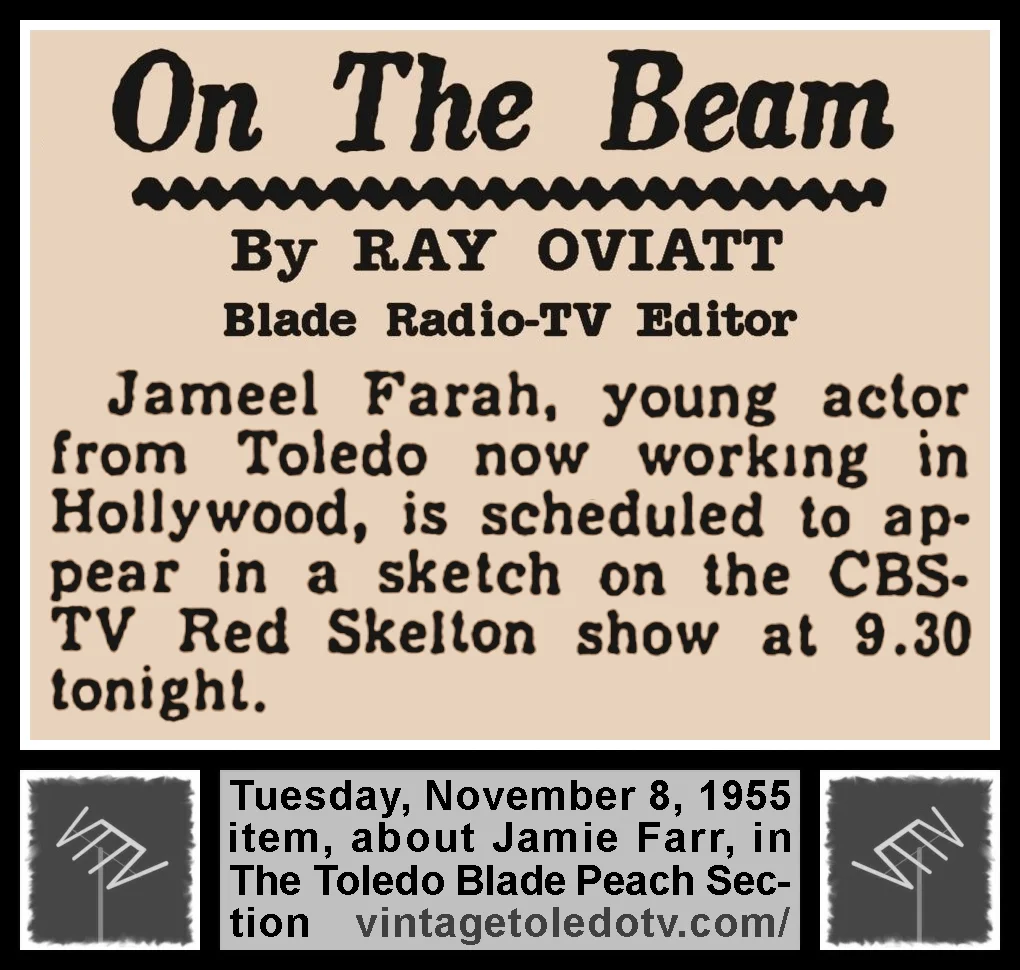 On The Beam item by Ray Oviatt, in The Toledo Blade's Tuesday, 11/8/55 Peach Section