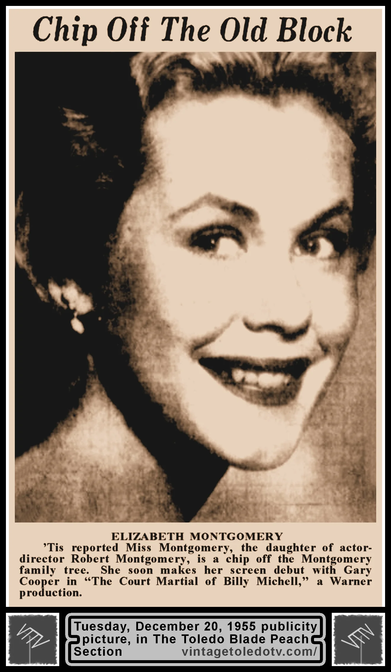 Publicity picture of "Chip Off The Old Block" Elizabeth Montgomery, in The Blade's Tuesday, 12/20/55 Peach Section)