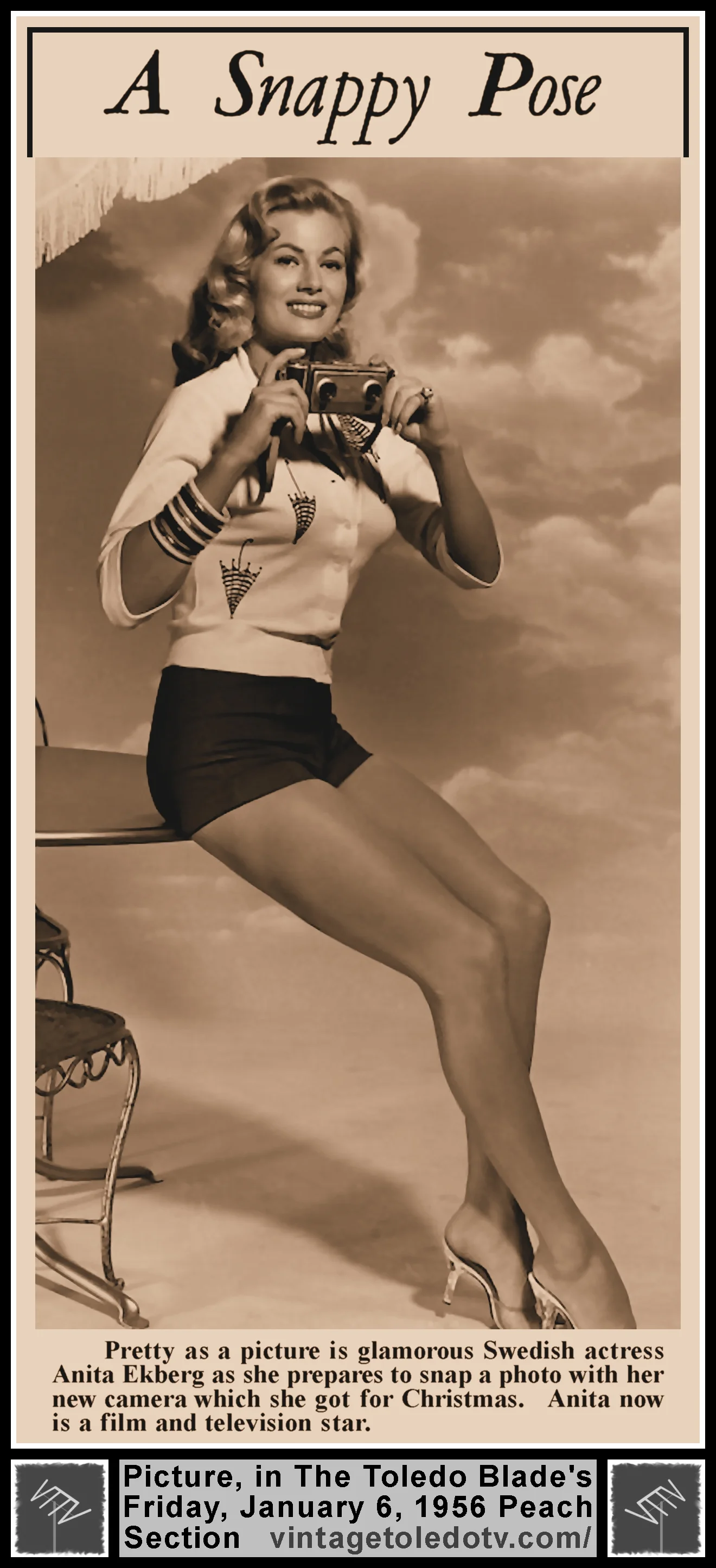 "A Snappy Pose" of Anita Ekberg, in The Blade's Friday, 1/6/56 Peach Section