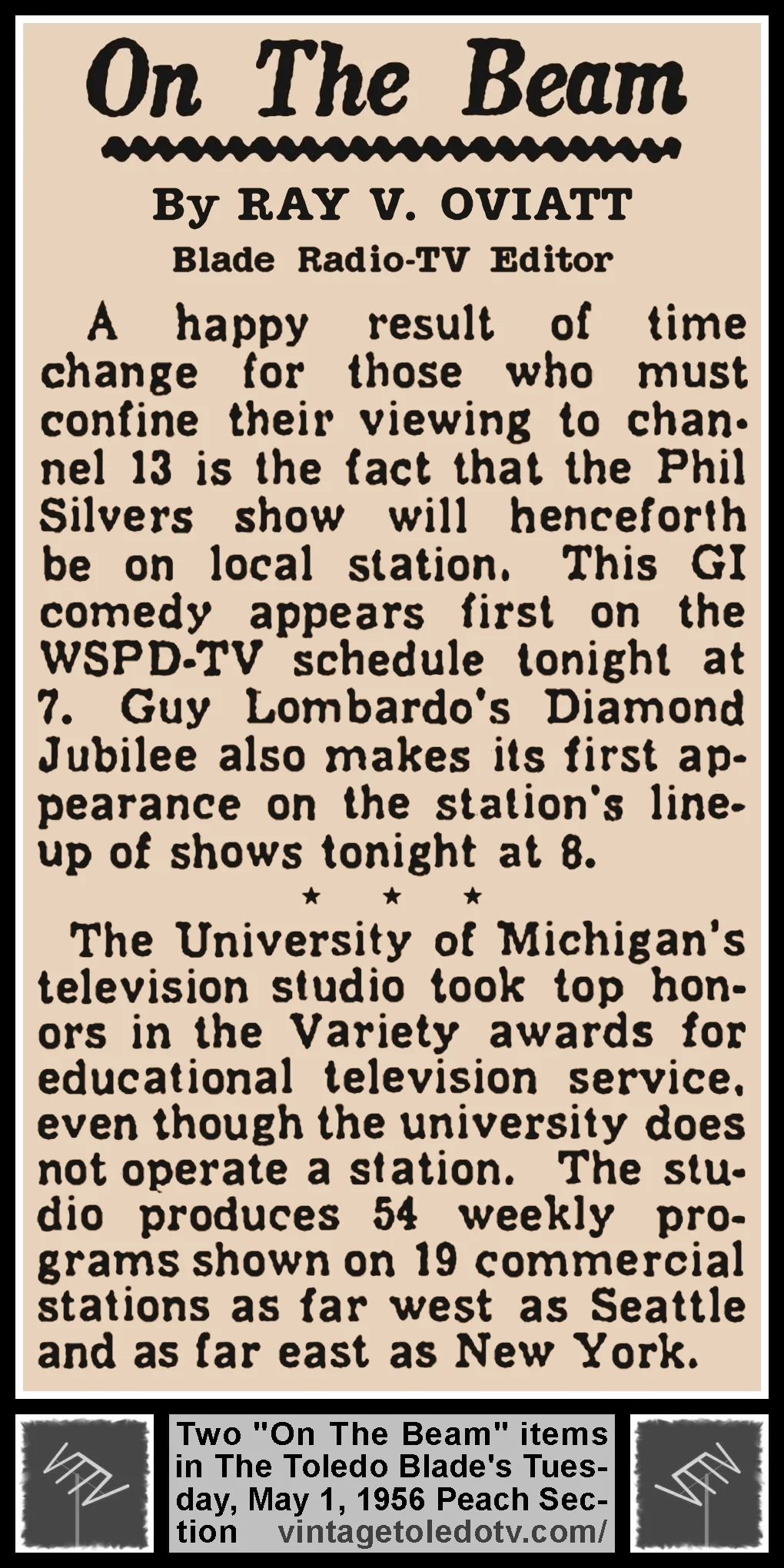 On The Beam items by Ray V. Oviatt, in The Blade's Tuesday, 5/1/56 Peach Section