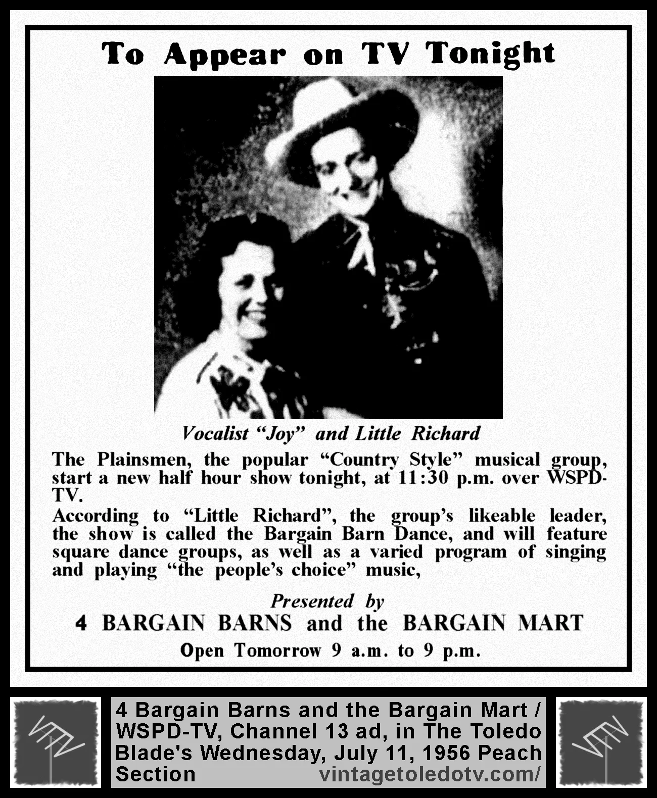 Bargain Barn Dance, on WSPD-TV, Channel 13 (Wednesday, 7/11/56 ad, in The Blade Peach Section)