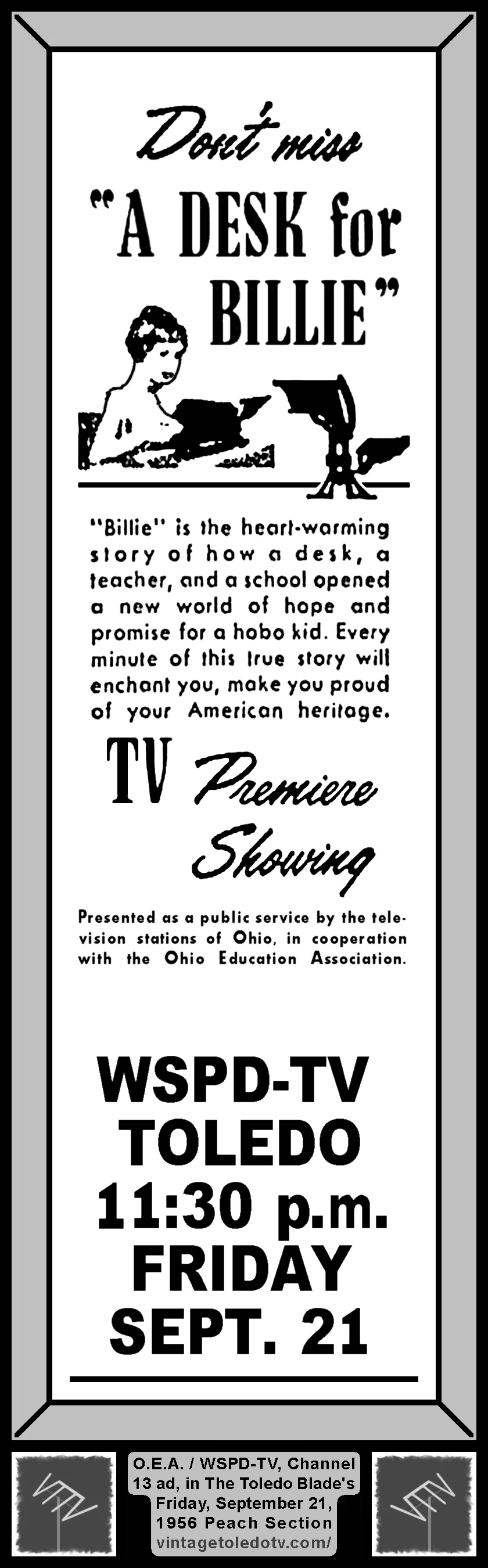 A Desk For Billie, on WSPD-TV, Channel 13 (Friday, 9/21/56 ad, in The Blade Peach Section)