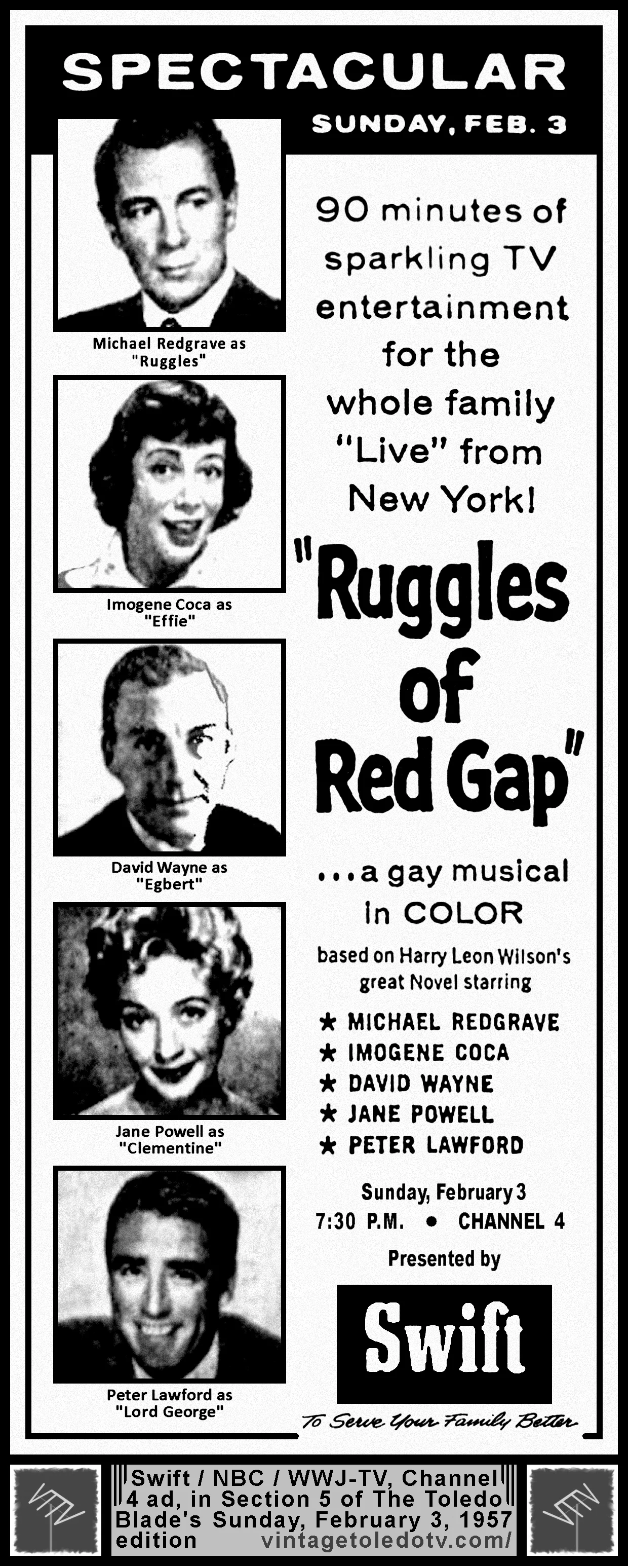Spectacular, "Ruggles of Red Gap" on NBC / WWJ-TV, Channel 4 (Sunday, 2/3/57 ad, in Section 5 of The Toledo Blade)