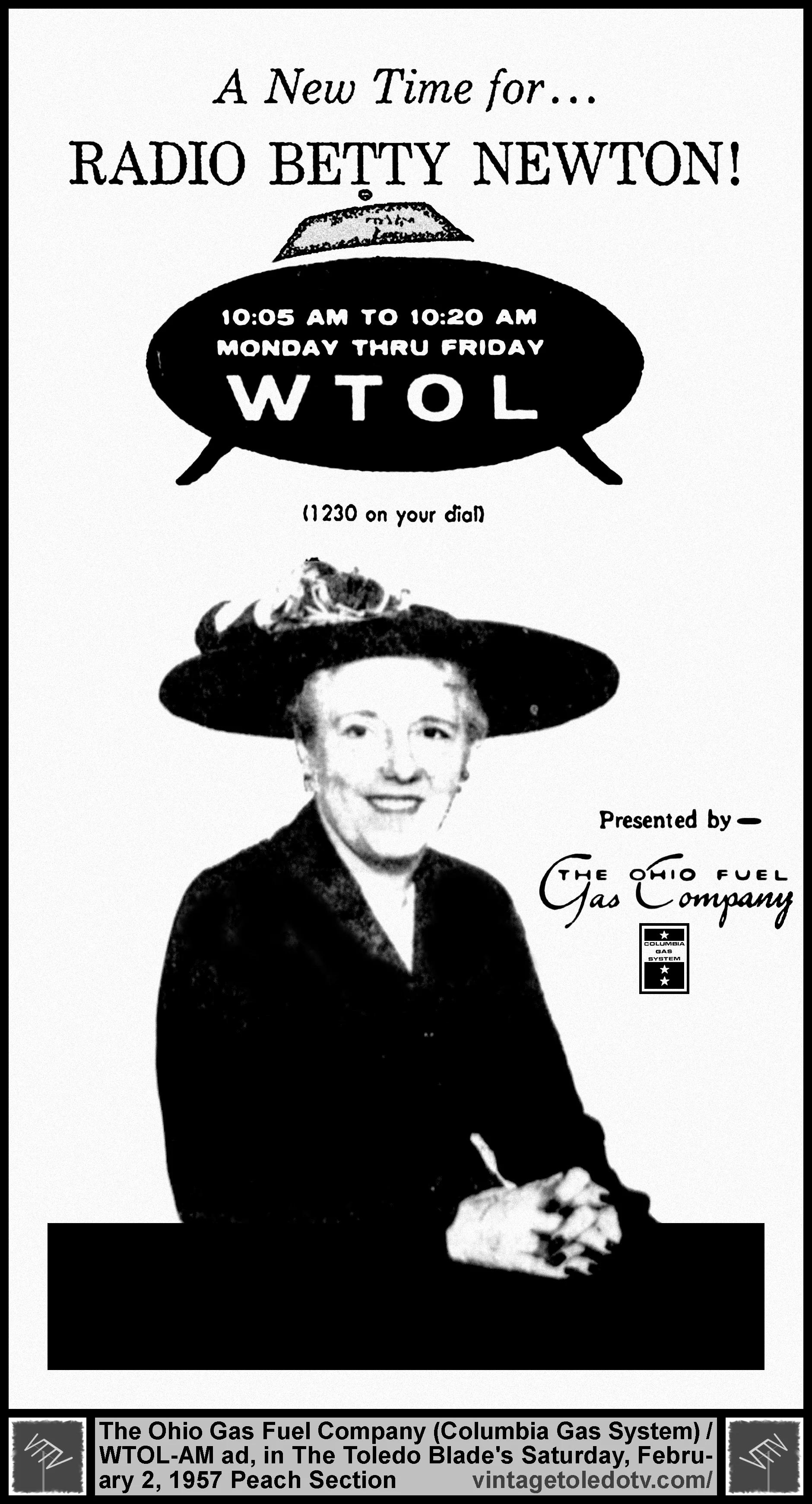 Radio Betty Newton, on WTOL-AM (Saturday, 2/2/57 ad, in The Blade Peach Section)
