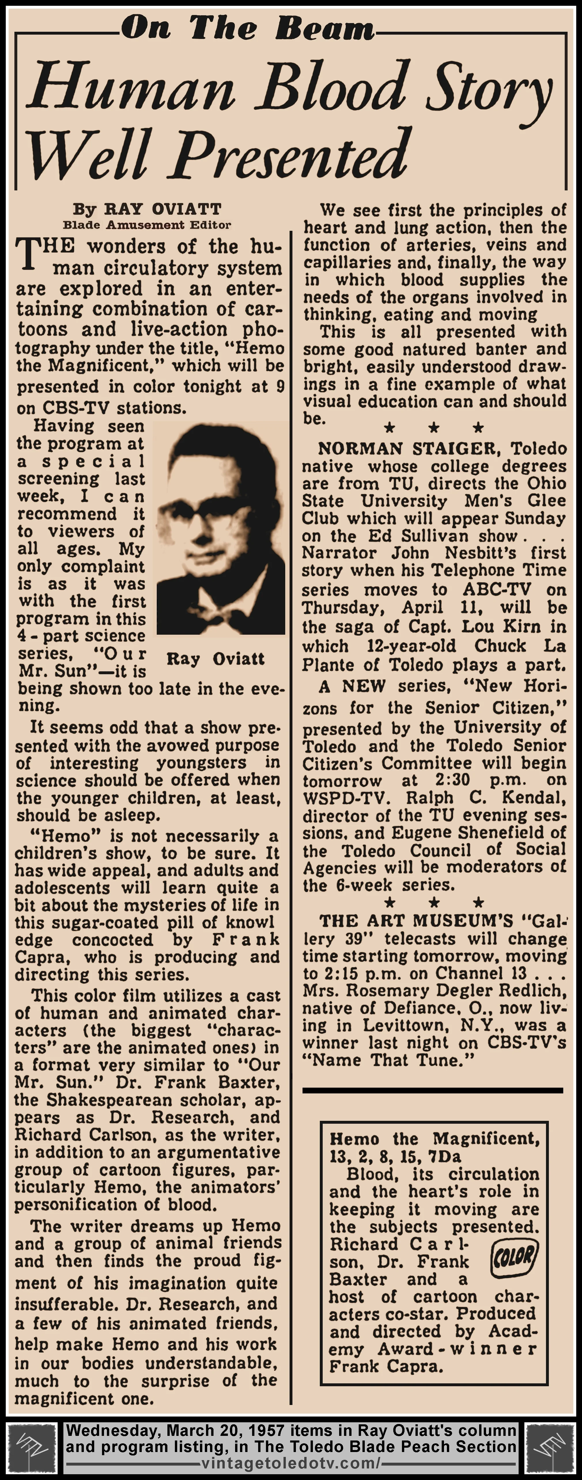 On The Beam items by Ray Oviatt, in The Toledo Blade's Wednesday, 3/20/57 Peach Section