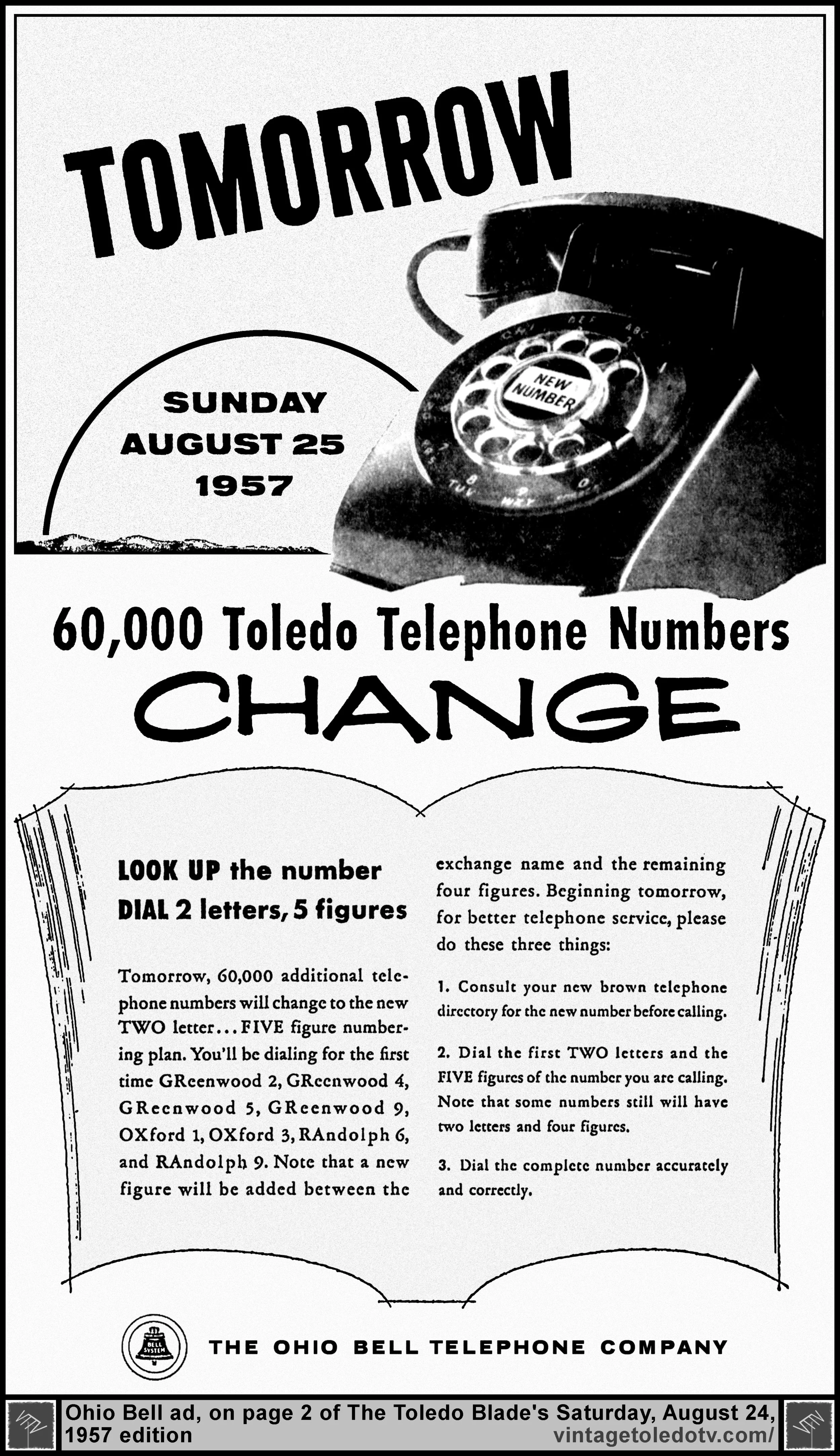 Tomorrow...60,000 Toledo Telephone Numbers Change...Ohio Bell Telephone Co. (Saturday, 8/24/57 ad, in The Toledo Blade)