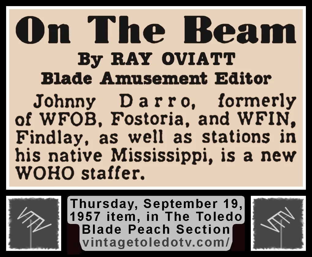 On The Beam item by Ray Oviatt, in The Toledo Blade's Thursday, 9/19/57 Peach Section