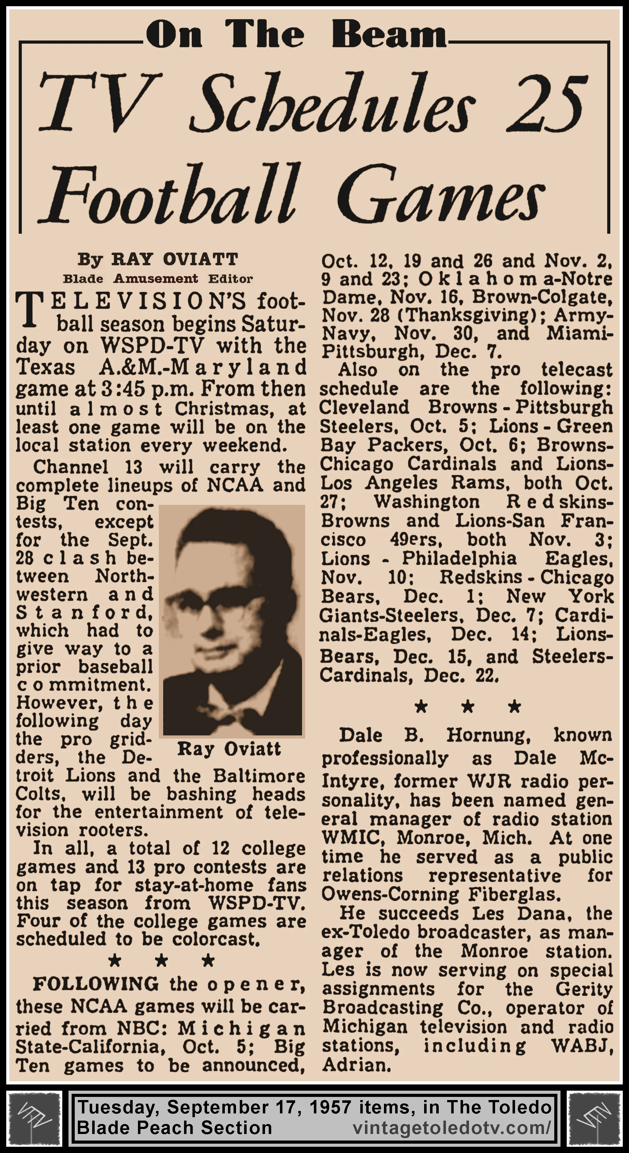 On The Beam "TV Schedules 25 Football Games" by Ray Oviatt, in The Toledo Blade's Tuesday, 9/17/57 Peach Section)