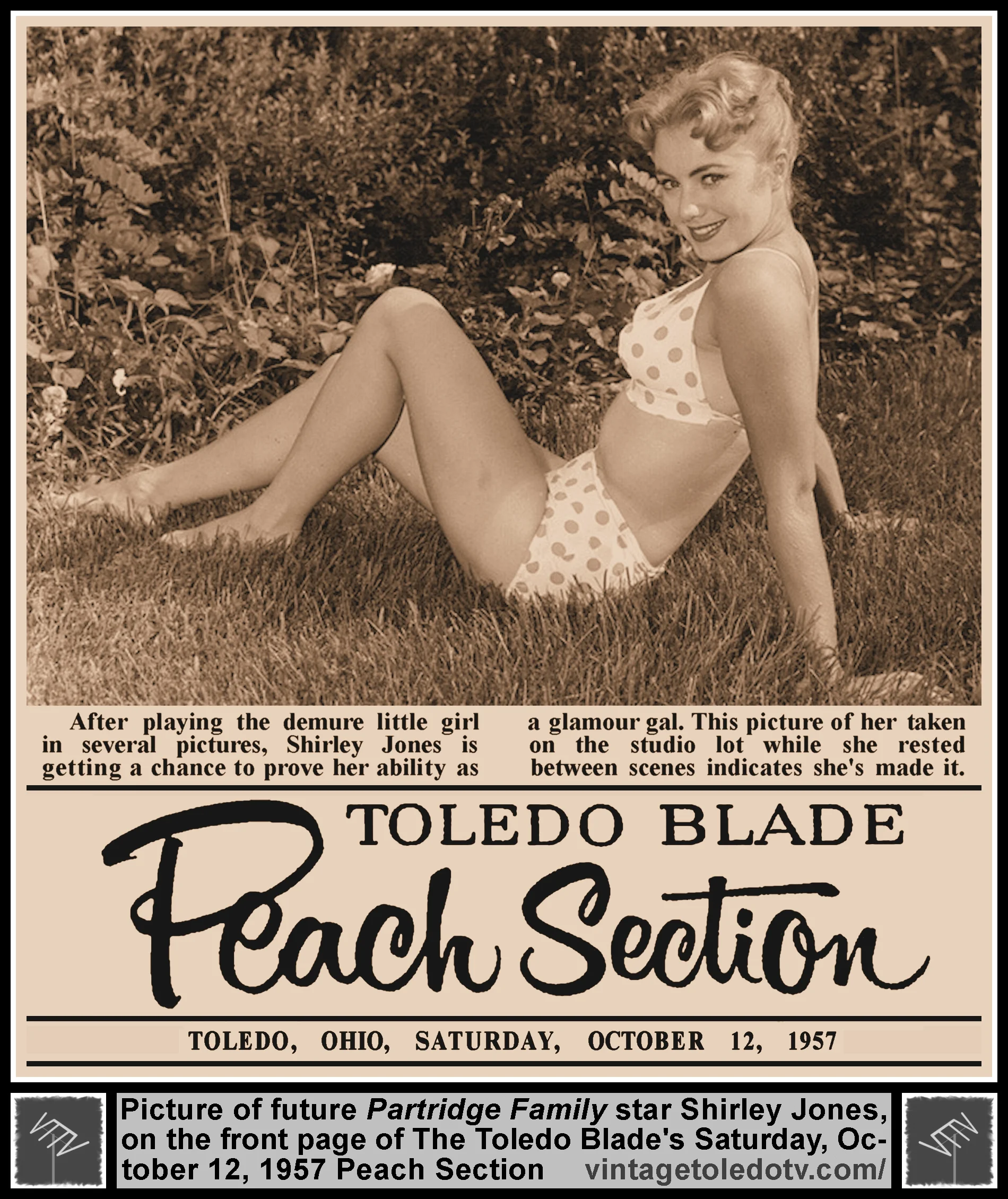 Picture of Shirley Jones, on the front page of The Toledo Blade's Saturday, 10/12/57 Peach Section