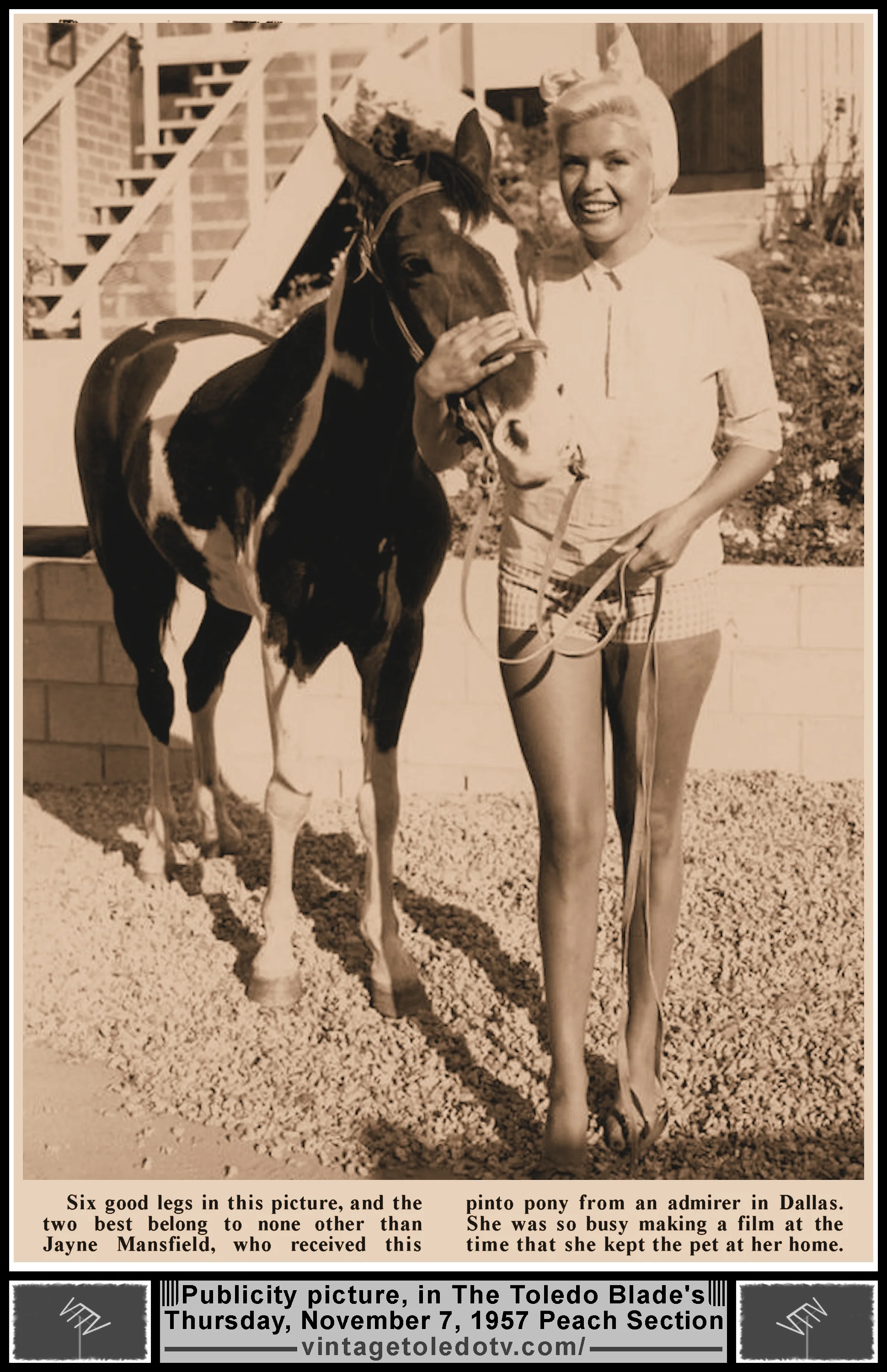 Picture of Jayne Mansfield, in The Toledo Blade's Thursday, 11/7/57 Peach Section)