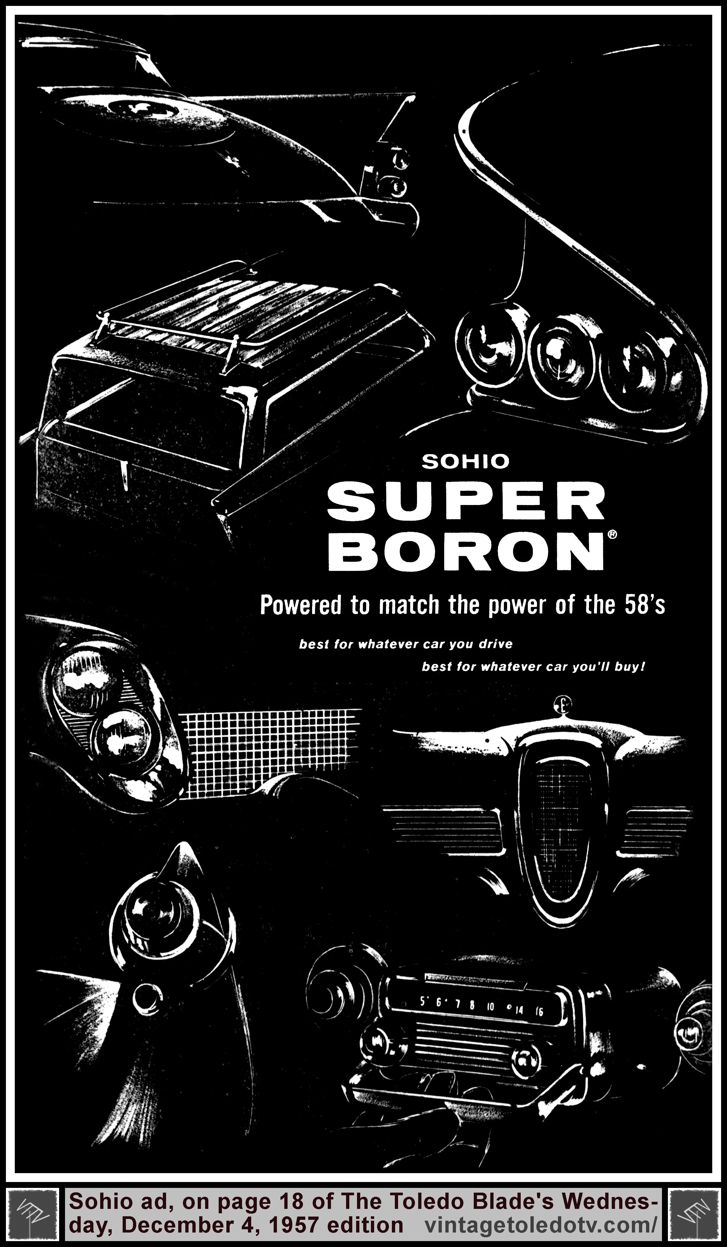 Sohio Super Boron, Powered to match the power of the '58s (Wednesday, 12/4/57 ad, in The Toledo Blade)