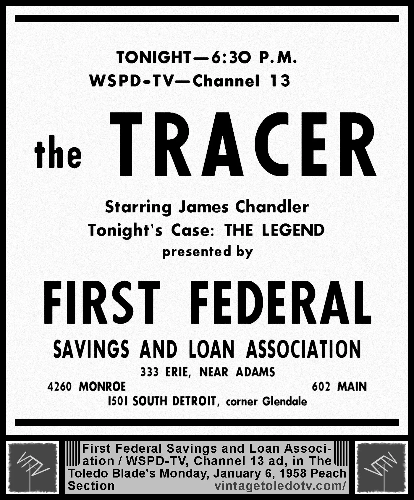 The Tracer, on WSPD-TV, Channel 13 (Monday, 1/6/58 ad, in The Blade Peach Section)
