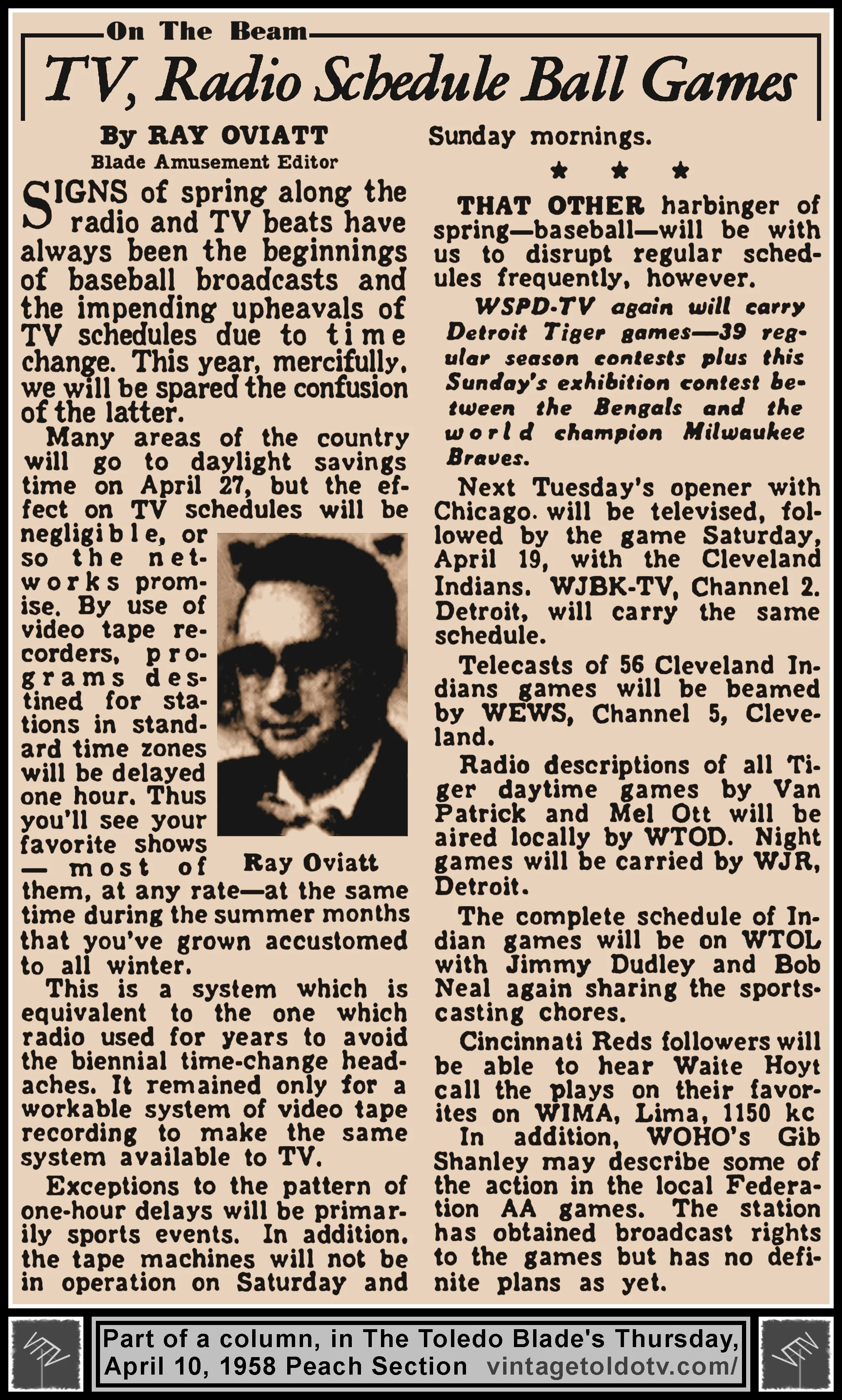 On The Beam: "TV, Radio Schedule Ball Games," by Ray Oviatt, in The Toledo Blade's Thursday, 4/10/58 Peach Section