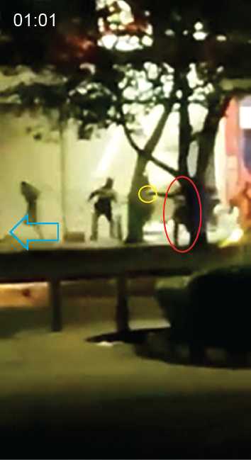  The officer fires a single round. Muzzle blast is discernable against the silhouette of the individuals in the background. Seconds later, they turn around to observe the building entrance, turning around again to brandish the weapon to the left. 