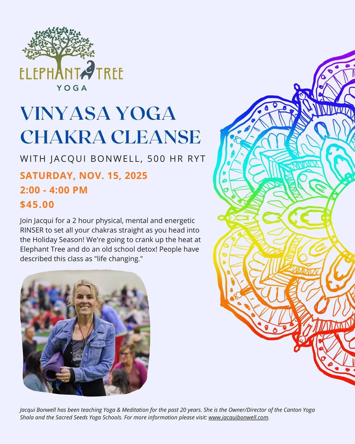 Check out next month&rsquo;s specialty chakra cleanse class with @jacquibonwell! 🐘🌳🌈
&bull;
&bull;
&bull;
#ety #elephanttreeyoga #ipswichma #ipswichyoga #northshore #northshorema #northshoreyoga #northshoremayoga #poweryoga #power #vinyasa