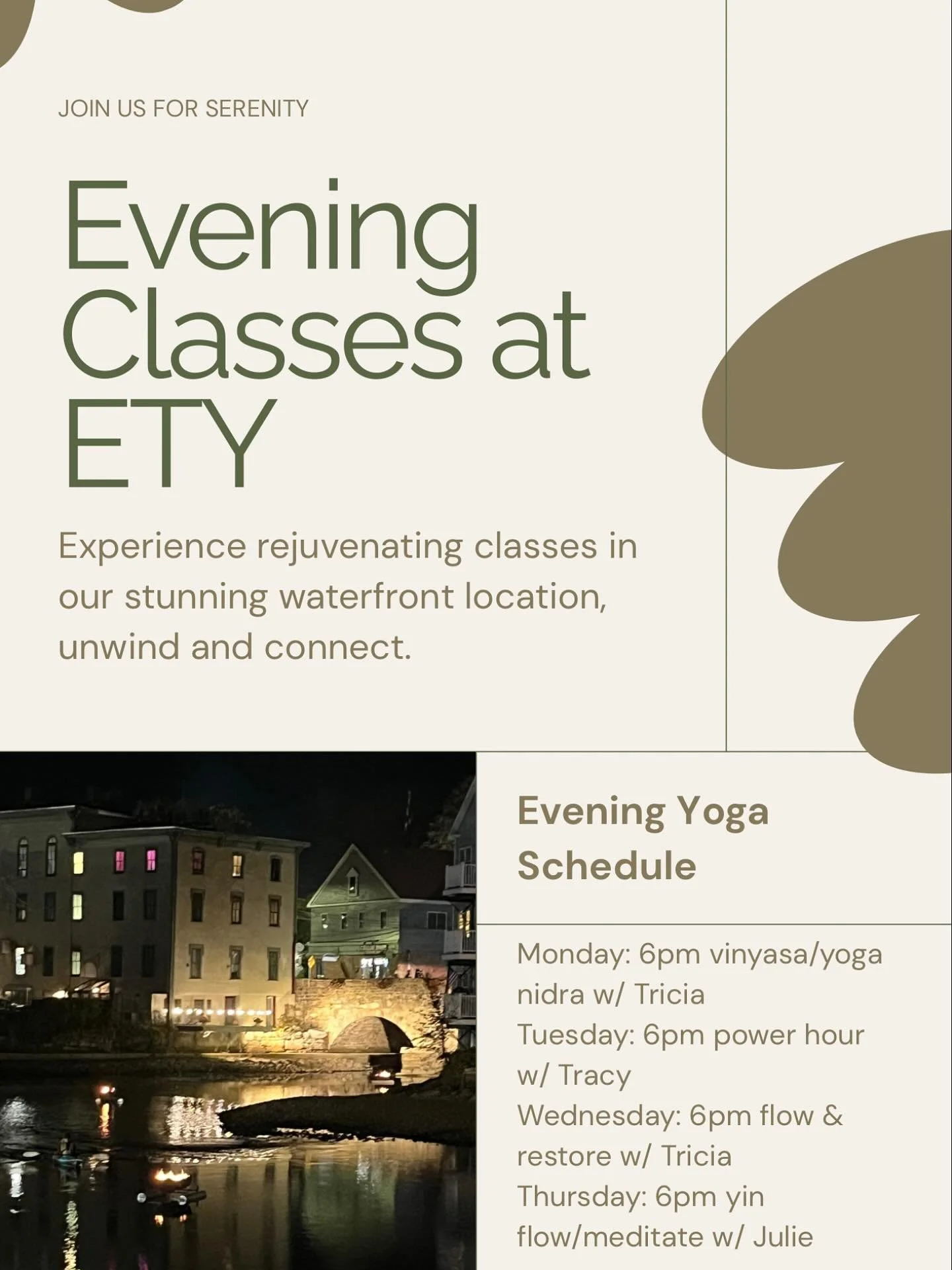Looking to add something new to your routine? Check out one of our evening classes! Enjoy the calm and quiet by the river at night!🐘🌳
•
•
•
•
•
•
#ety #elephanttreeyoga #ipswichma #ipswichyoga #northshore #northshorema