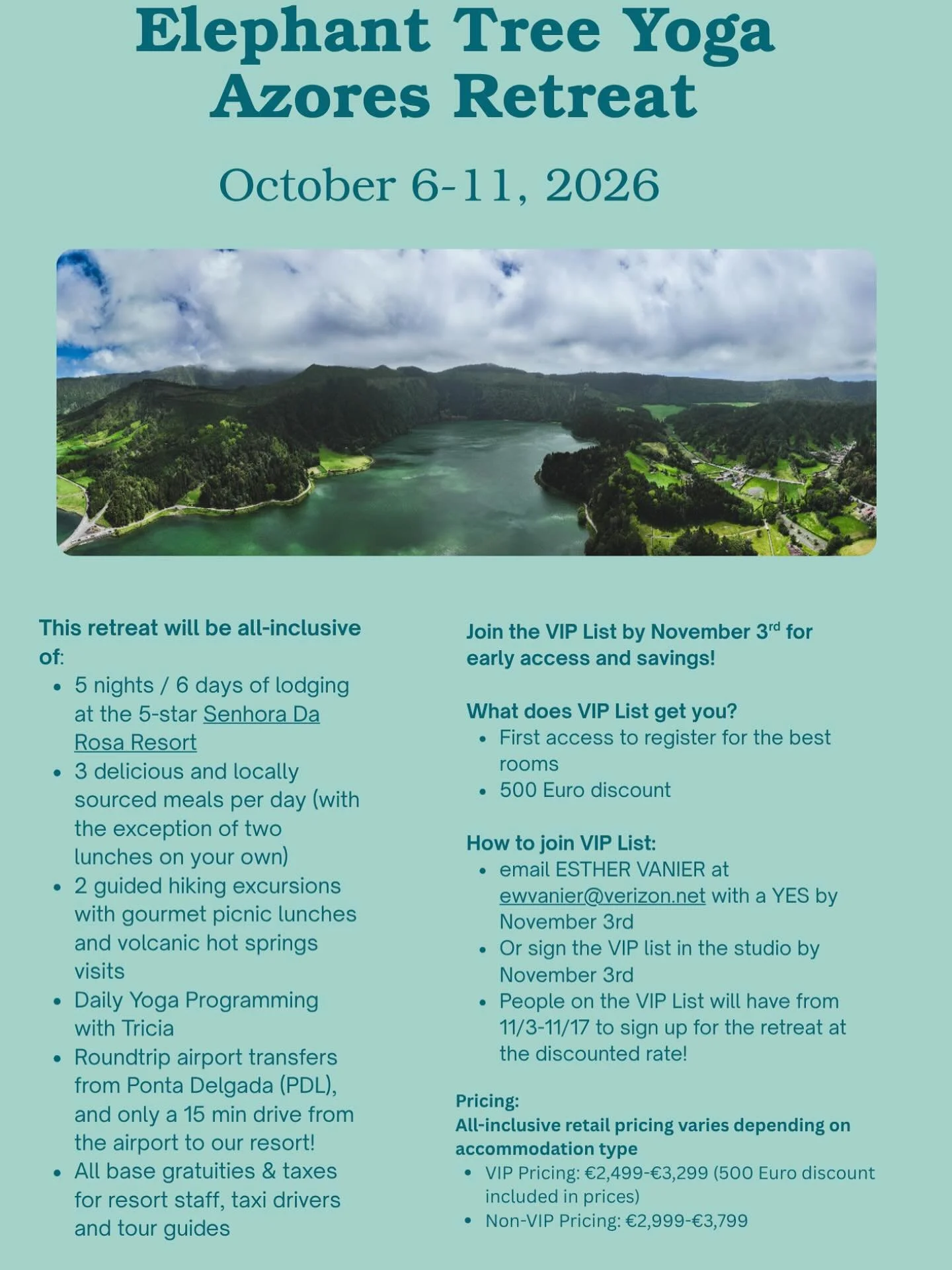 ETY is so excited to announce our Yoga Retreat to the Azores Islands of Portugal! Join our VIP List by 11/3 to get early access to rooms and save 500 euro on booking! 🐘🌳
•
•
•
#ety #elephanttreeyoga #ipswichma #ipswichyoga #northshor