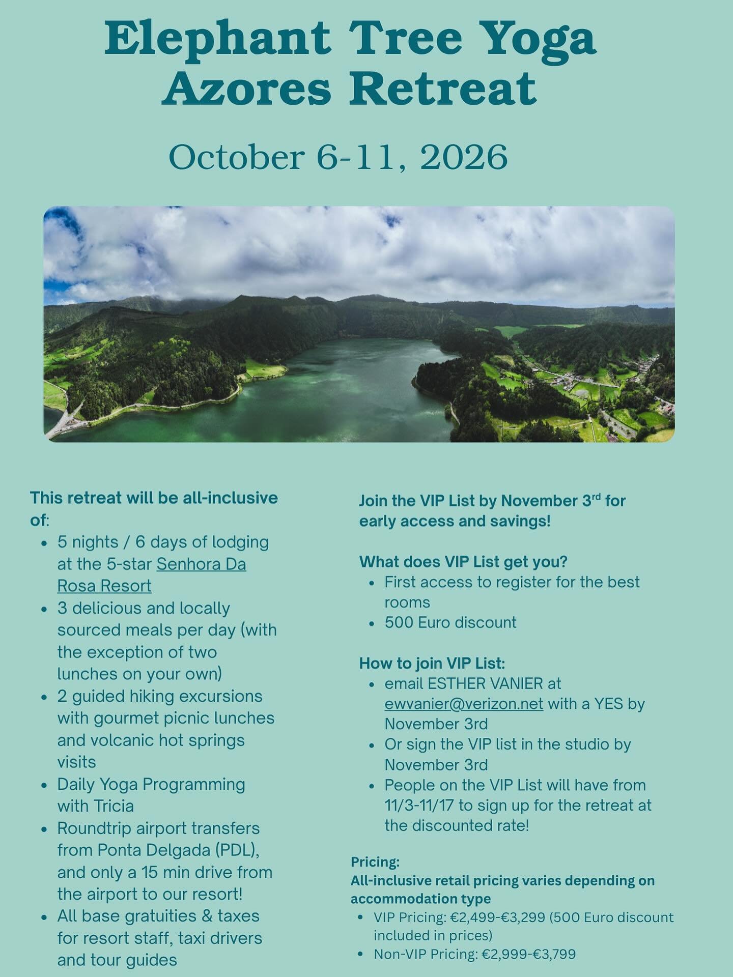 Only 6 more days to sign up for the VIP list for the Azores retreat! Registration and a 500 EU discount opens on November 3rd for VIP list only! VIPs get first choice for accommodations!! 🐘🌳🇵🇹

Email Esther ewvanier@verizon.net to be added to the
