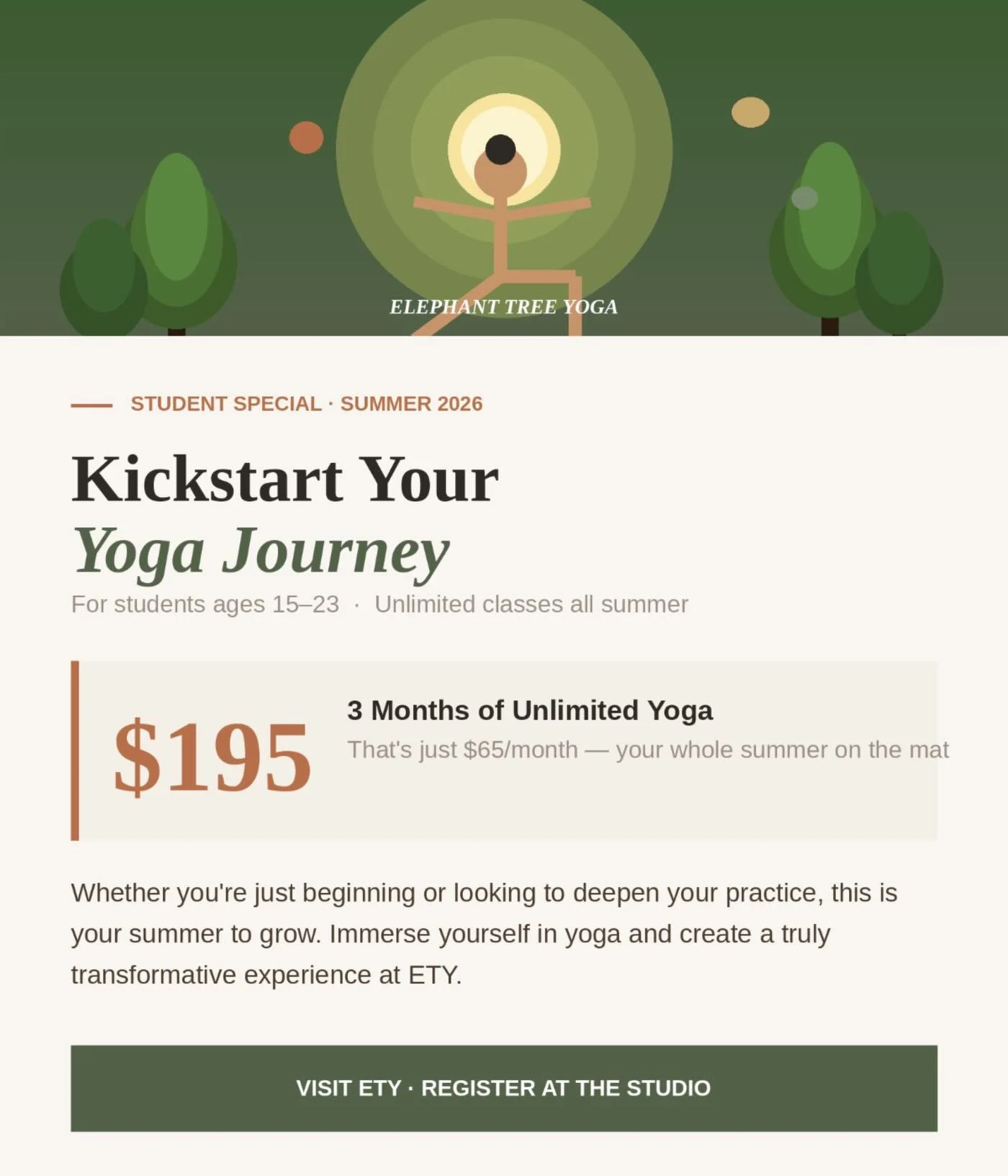 Students&mdash;Need summer plans? Yoga is a great way to spend your time off! 🐘🌳
&bull;
&bull;
&bull;
#ety #elephanttreeyoga #ipswichma #ipswichyoga #northshore northshorema northshoreyoga northshoremayoga poweryoga power vinyasa