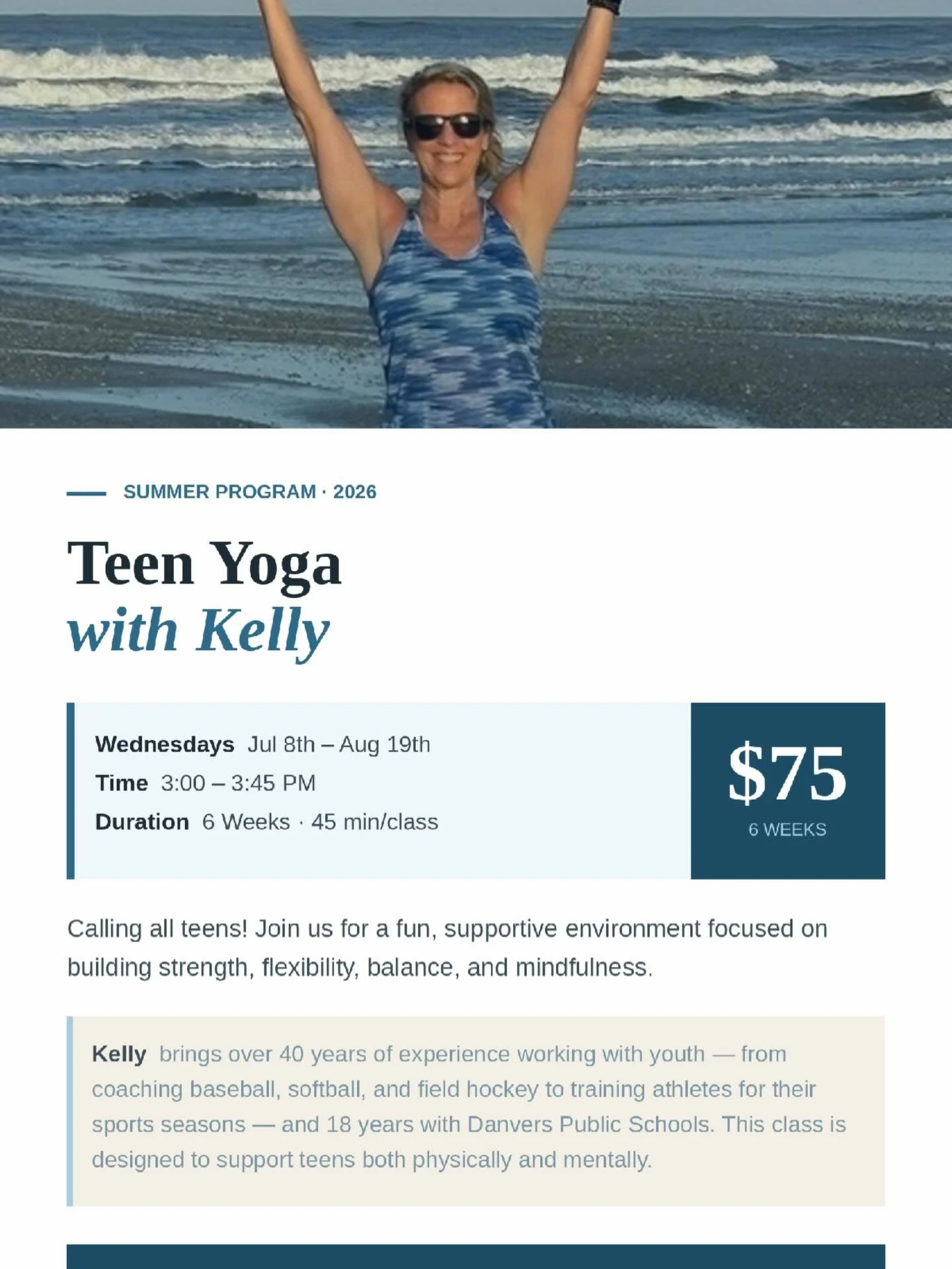 Looking for something new for your teen this summer? Check out this offering with @kellpsz2! 
&bull;
&bull;
&bull;
#ety #elephanttreeyoga #ipswichma #ipswichyoga #northshore northshorema northshoreyoga northshoremayoga poweryoga power vinyasa