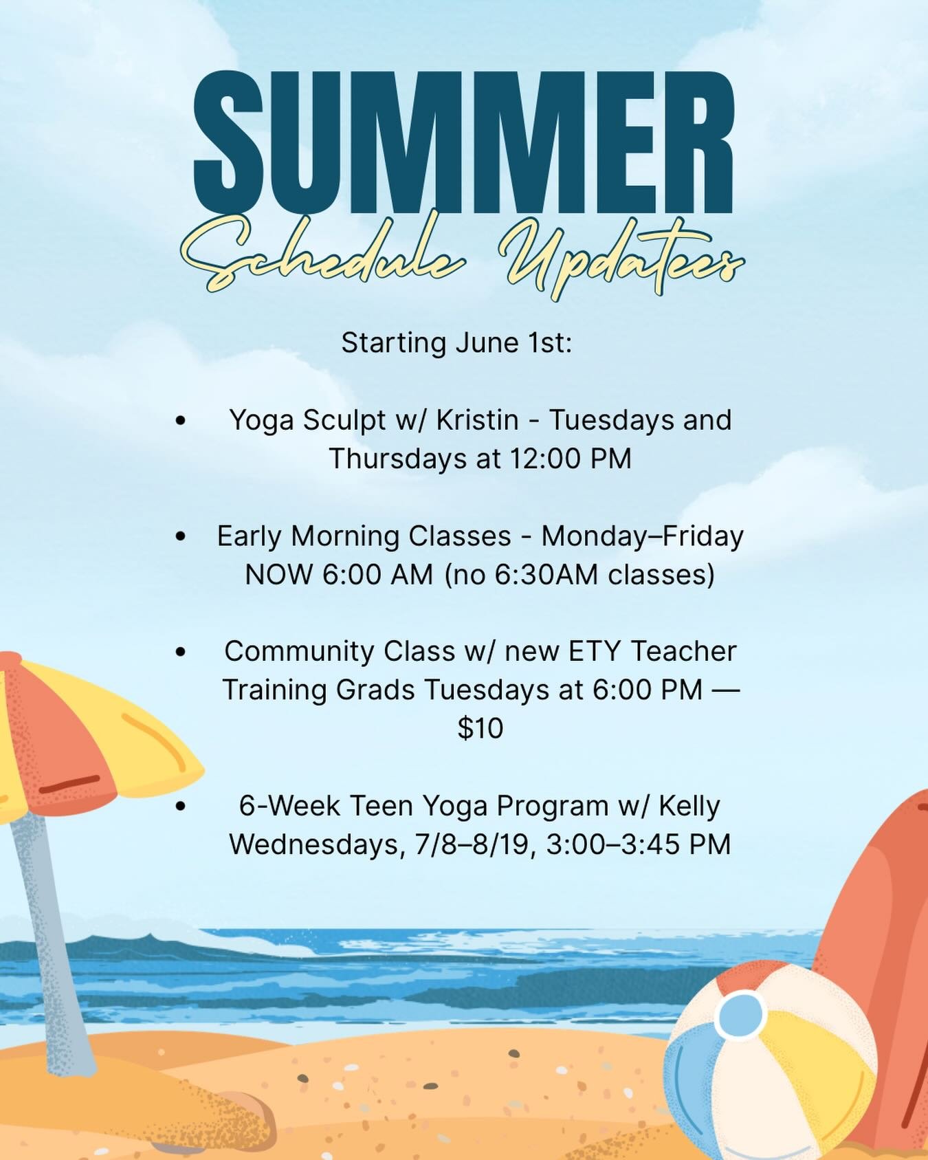 Summer schedule is live on June 1st! Check out class schedule changes and time adjustments! 
&bull;
&bull;
&bull;
#ety #elephanttreeyoga #ipswichma #ipswichyoga #northshore northshorema northshoreyoga northshoremayoga poweryoga power vinyasa