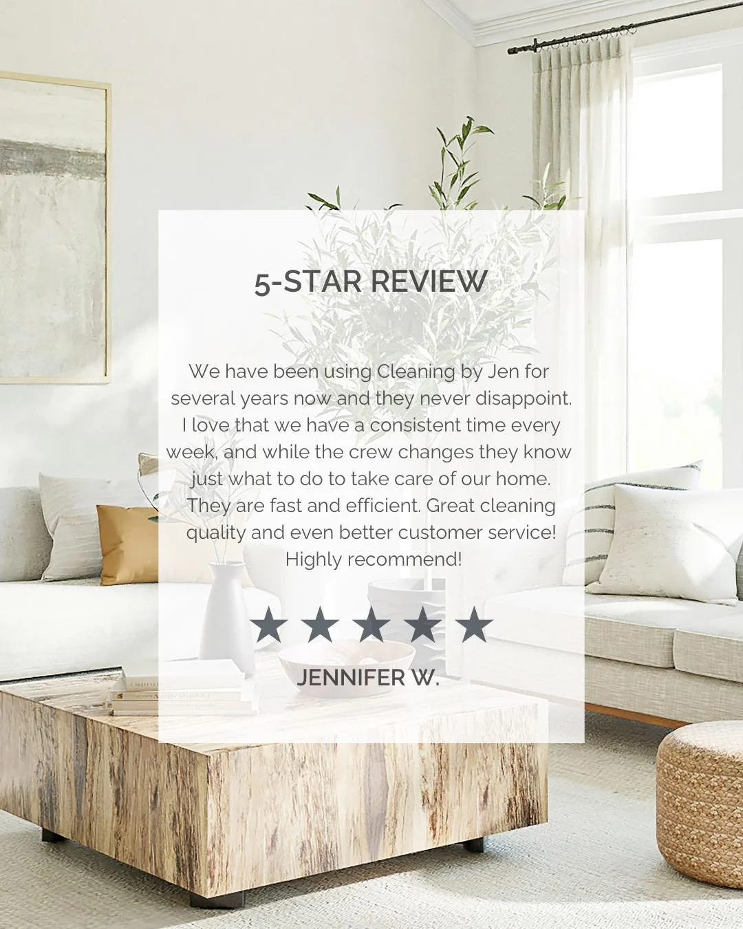 Long-term clients are one of the greatest compliments we can receive.

Jennifer has trusted our team for several years, and we&rsquo;re thankful to hear that our consistent scheduling, quality cleanings, and customer service have made a difference. R