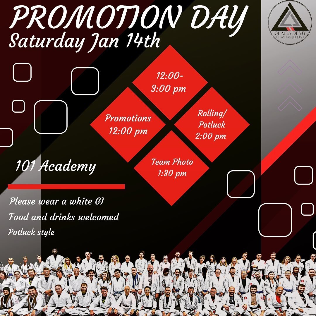 ⚠️Promotion Day‼️Save The Date‼️

Saturday January 14th 2023!!!
〰️〰️〰️〰️〰️〰️〰️〰️〰️〰️
Block off your calendars.
See you soon! 

🤍 12 PM start time
💙 Wear a white Gi
💜 Promotions/ Pictures/ Rolling
🤎 Potluck 
🖤 Enjoy the day

#promotionday #januar