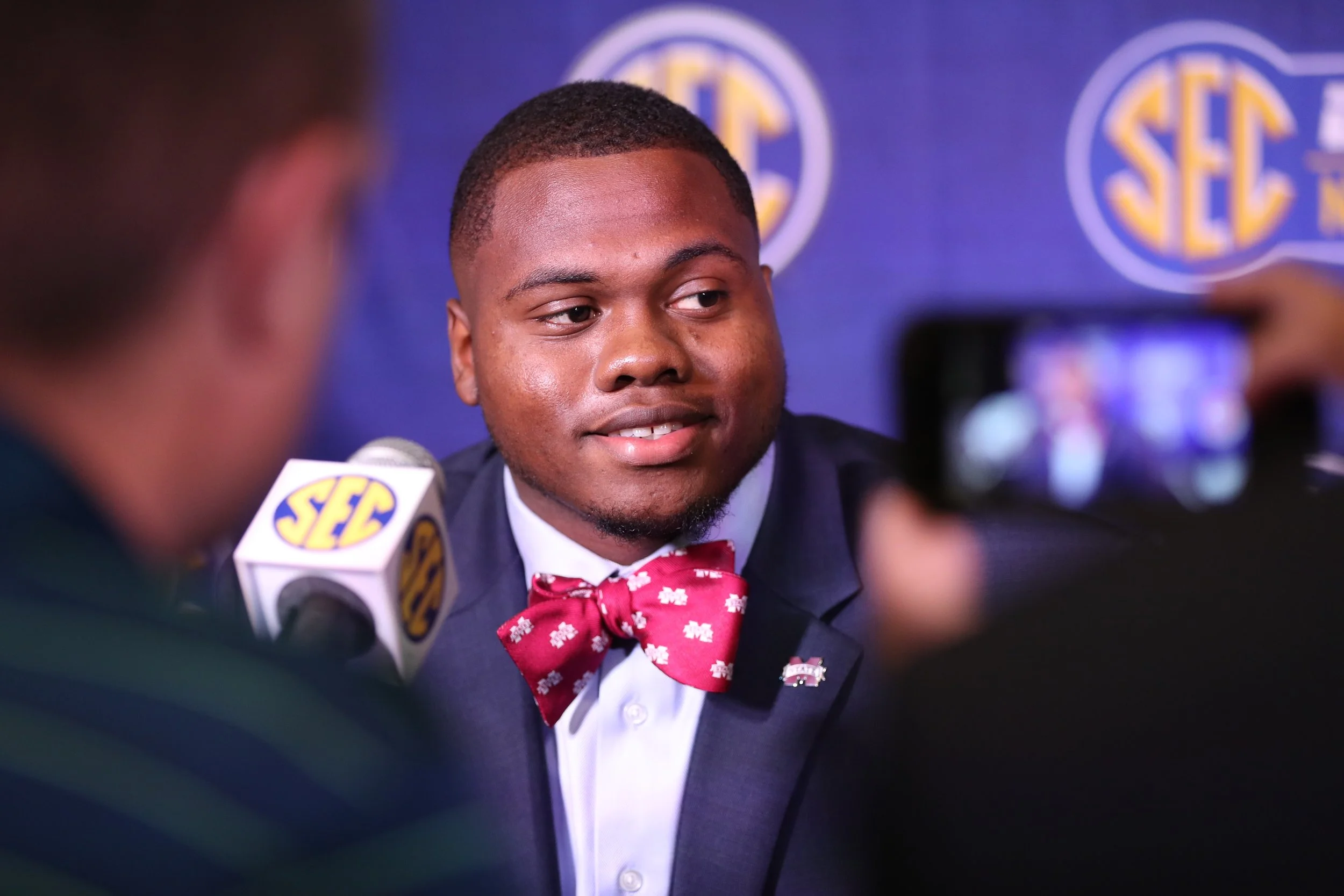 Erroll Thompson fielding questions at SEC Media Days. Photo by Aaron Cornia courtesy of Mississippi State Athletics.