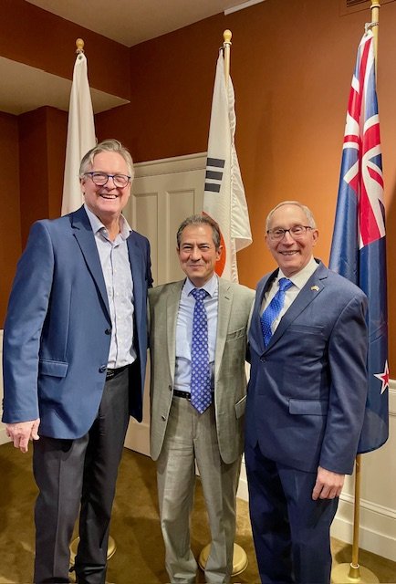 (L to R) Ambassador Niels Marquardt, Consul General Quesnel for Mexico, and Greg Caldwell, Former Honorary Consul for Korea, enjoy the reception