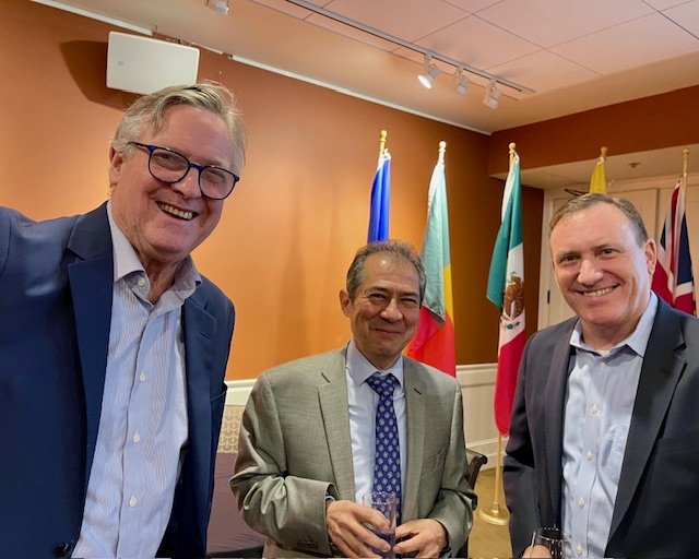 (L to R) Ambassador Niels Marquardt, Consul General Carlos Quesnel of Mexico, and Doug Smith of Celebrate Trade, enjoying the evening