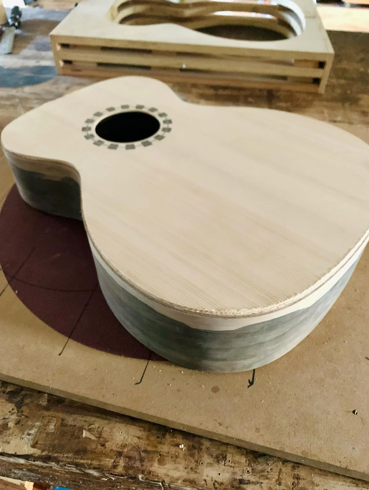 Ziricote and Adirondack box is glued up and ready for binding! #luthierlife #acousticguitars #handmade #fulltime #fayettevillear #madeofwood