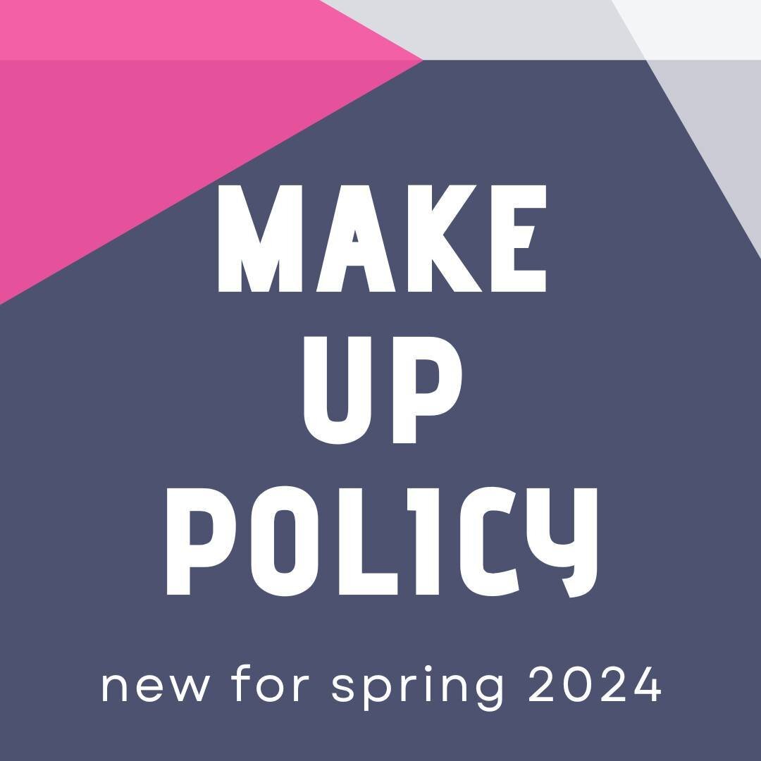 ✔️ We have a new make up policy starting with our Spring 2024 session! Please read below for all of the details.

➖ Each student is allotted 3 make up tokens per current term as needed
➖One make up token may be used per month
➖Make up tokens expire a