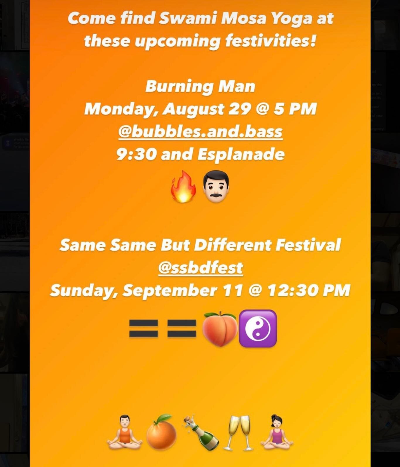 @ssbdfest is this the best emoji depiction of your name? 🟰🟰🍑☯️

Get tickets to Same Same But Different through the link in their bio and use BBIROS5 for a discount.

Get Burning Man tickets if you&rsquo;re super lucky in the sale 6 months ago. Orr