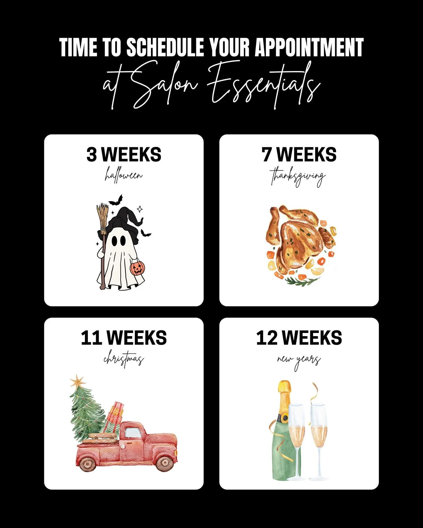 The holiday countdown is ON! Now is the perfect time to get those appointments booked before it&rsquo;s too late! 

Need your hair done before Thanksgiving? Or your nails before Christmas? Call now to reserve your spot!

#manhattanks #salonessentials