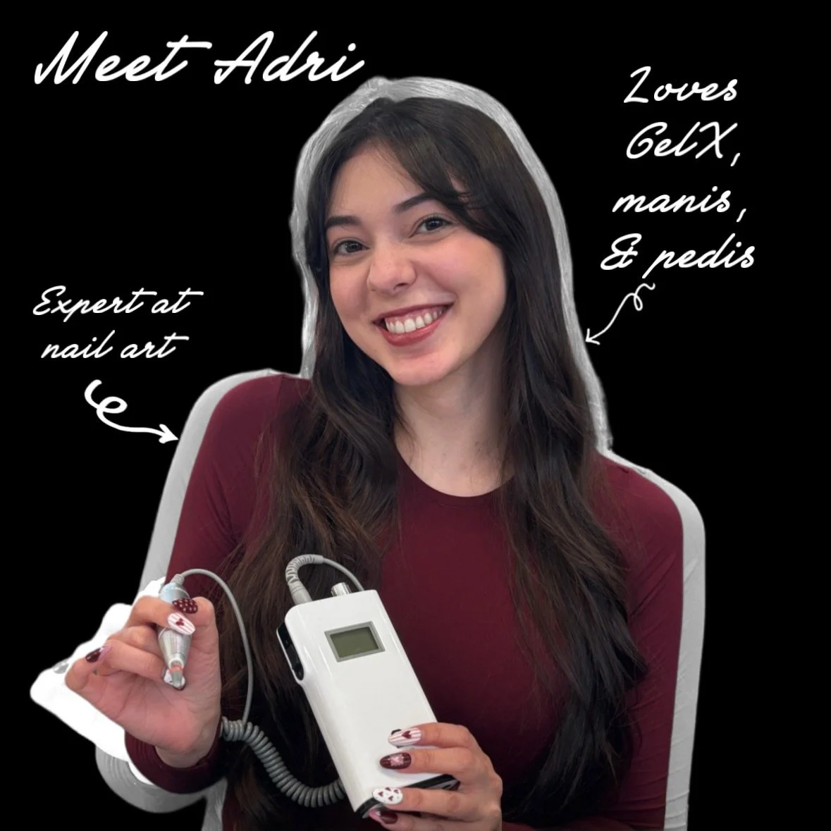 Meet Adri! She&rsquo;s a recent addition to our nail tech team and an absolute star! She specializes in gel x manicures with beautiful nail art. She also loves doing our signature spa pedicures to give you ultimate relaxation. 

#nailtech #nailart #m