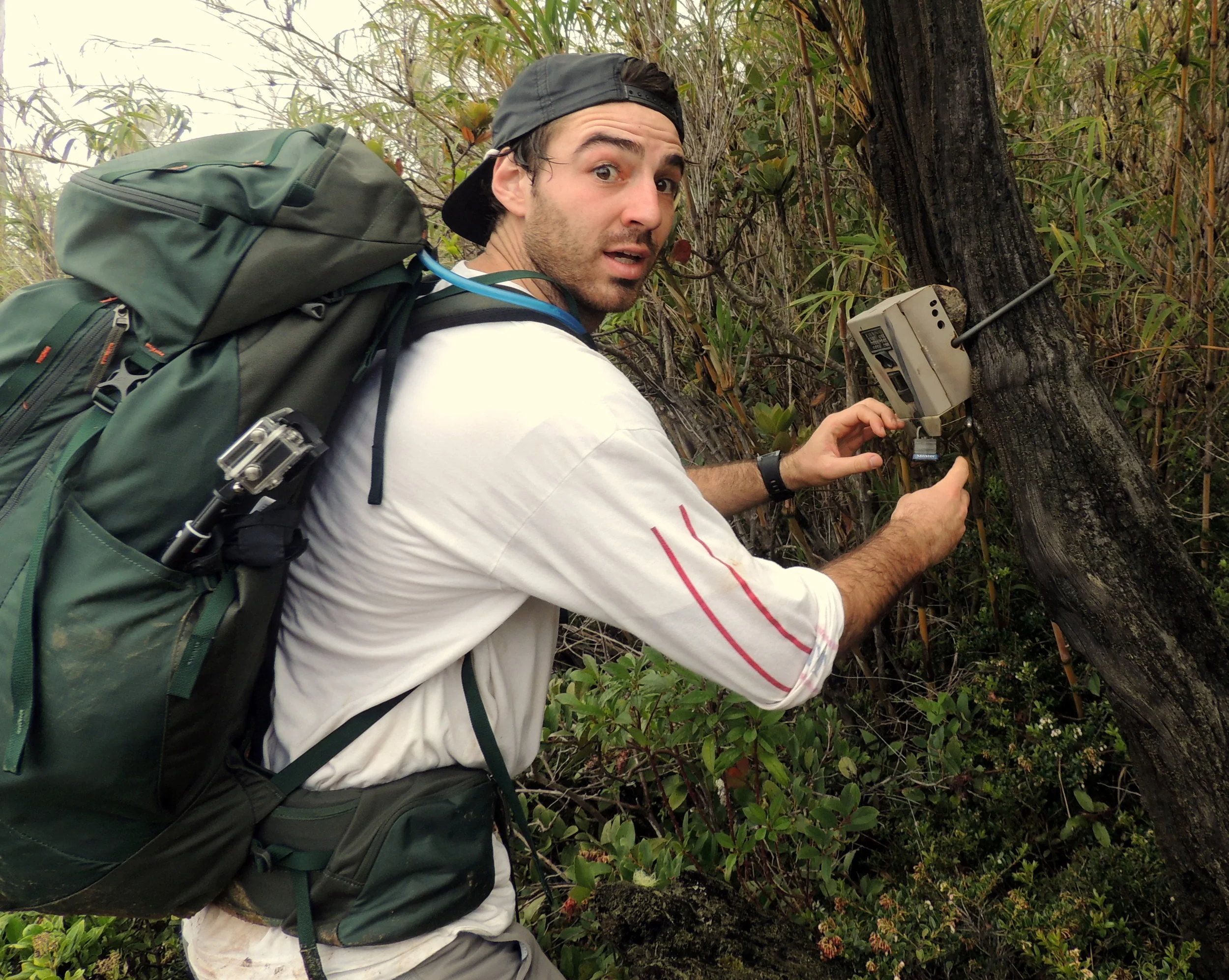 Wyatt Garley deploys a camera trap on the Valle de Silencio trail.