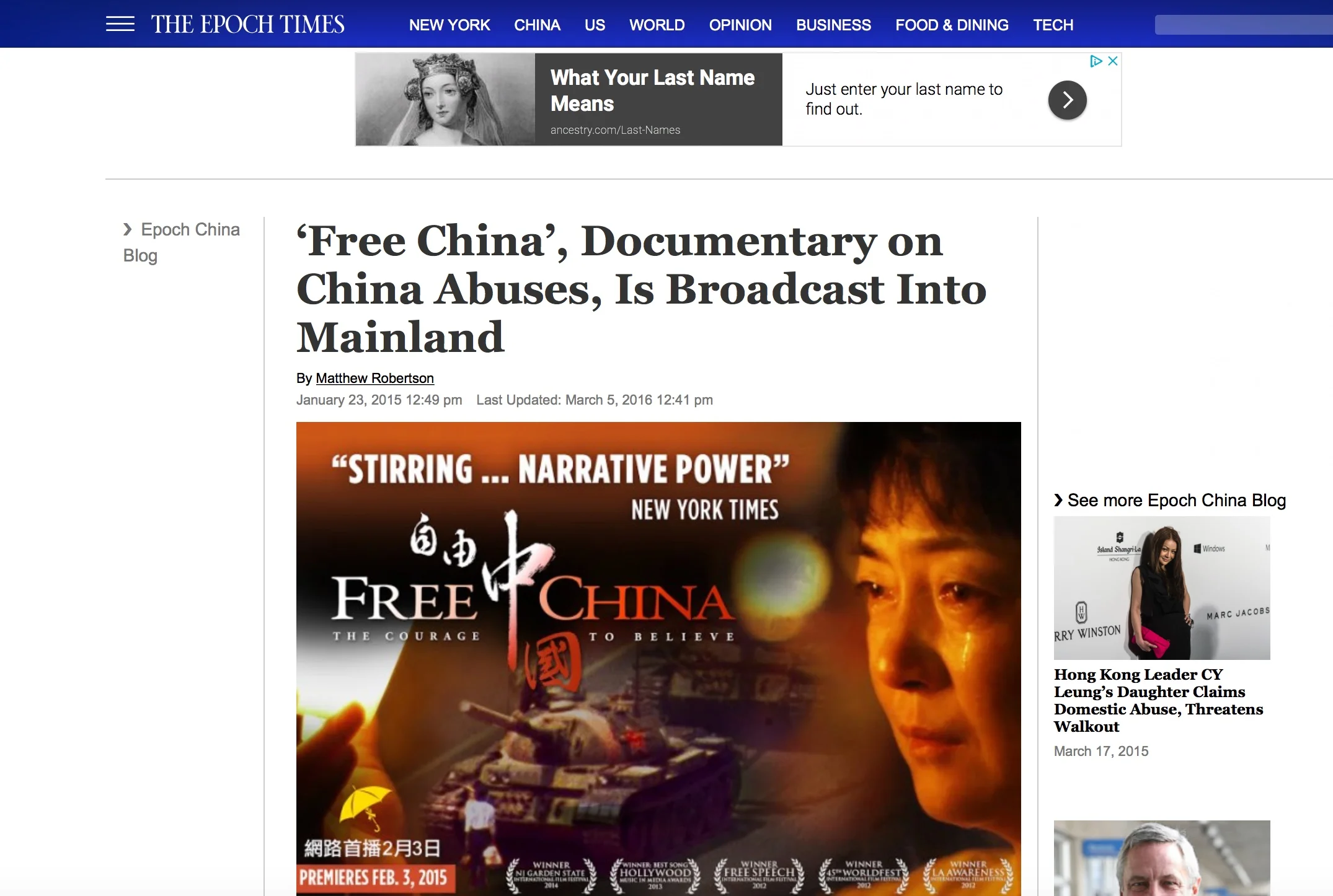 ‘Free China’, Documentary on China Abuses, Is Broadcast Into Mainland