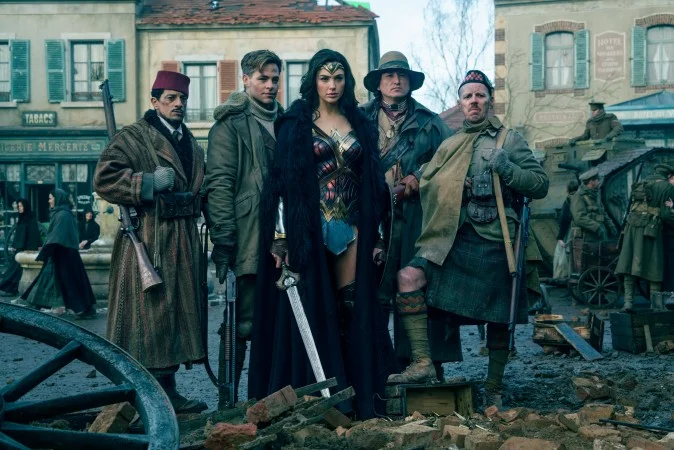 (L-R) Saïd Taghmaoui as Sameer, Chris Pine as Steve Trevor, Gal Gadot as Diana, Eugene Brave Rock as The Chief and Ewen Bremner as Charlie in the action adventure “Wonder Woman.” (Clay Enos/TM &amp; DC Comics)