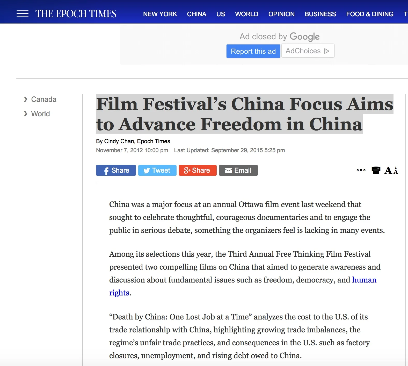 Film Festival’s China Focus Aims to Advance Freedom in China