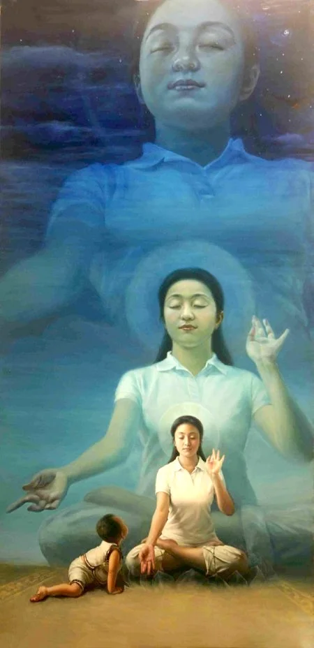 新唐人第三屆「全世界華人人物寫實油畫大賽」金獎作品《眼裡的媽媽(又名純淨入仙境)》。畫家陳肖平表示,《眼裡的媽媽(又名純淨入仙境)》的創作靈感完全來自於《轉法輪》這本書。作為一個法輪大法的修煉者,她從書中知道六歲以下的小孩天目是開的,因此可以看到另外空間的景象。