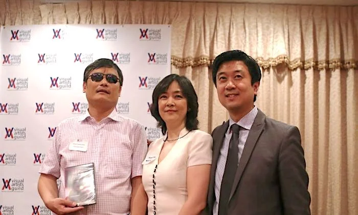 Chen Guangchen, Rights Lawyer; Jennifer Zeng, author of "Witnessing History: One Chinese Woman’s Fight for Freedom and Falun Gong"; Kean Wong, Producer of "Free China: The Courage to Believe" at Visual Artist Guild NYC Freedom of Speech Award Ceremony, June 1st, 2013. (Gary Du/The Epoch Times)