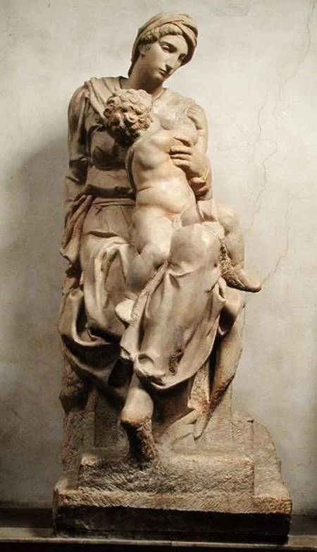 Michelangelo, Virgin and Child(Medici Madonna). Marble. New Sacristy, church of San Lorenzo, Florence 米開郞基羅大理石雕像「聖母聖嬰」。佛羅倫斯聖洛倫佐教堂（San Lorenzo）新聖器室（New Sacristy）。