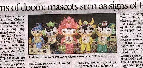 《悉尼晨鋒報》文章「厄運的代號:福娃被視作時運的信號(Token of doom: mascots seen as signs of times)」