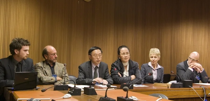 Panel discussion after Free China: The Courage to Believe film screening at the UN Human Rights Council meeting in Geneva, on September 19, 2012. 