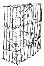 于溟曾被中共勞教所關在類似這樣的鐵籠裡,不能站,不能坐,長達三个月(明慧網)