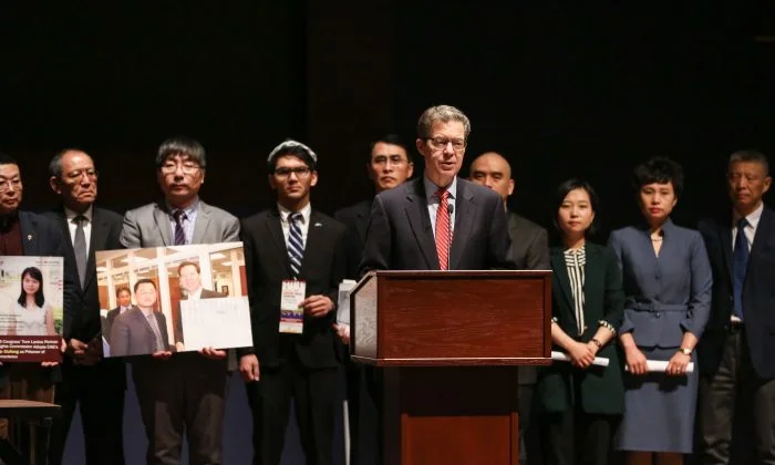 Sam Brownback, U.S. Ambassador at Large for International Religious Freedom, speaks at the press conference to announce the Formation of The Coalition to Advance Religious Freedom in China (CARFC) at The Congressional Auditorium in the Capitol Visitor Center, Washington, on Mar. 4, 2019. (Jennifer Zeng/The Epoch Times)