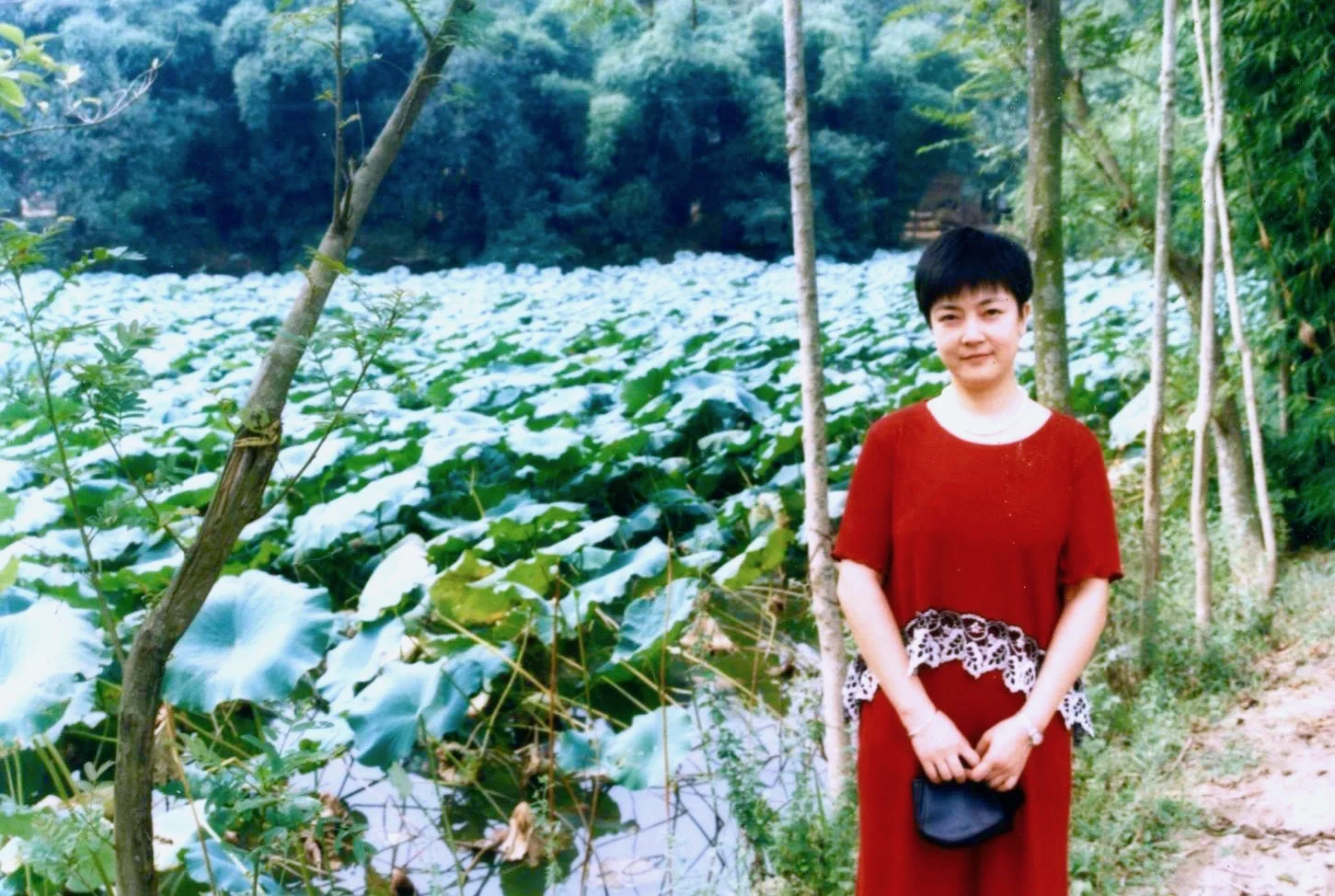 Jennifer at the lotus pond in front of her grandfather’s cottage in Zhongjiang, Sichuan Province in China in 1990’s . 曾錚1990年代攝於四川中江縣朝中鄉老家荷塘邊。