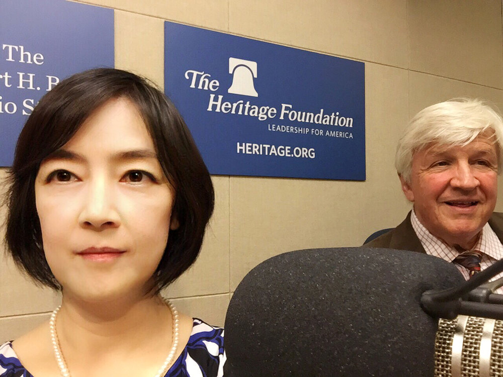 At the studio of "Daily Signal" of The Heritage Foundation with Darian Diachok, author of “ Escapes ” after the speech. 演講後，與華盛頓「反擊共產主義行動小組」演講團成員及《 逃亡 》（ Escapes ）一書作者Darian Diachok一起接受美國傳統基金會旗下媒體「Daily Signal」的採訪。這是他們的錄音間。