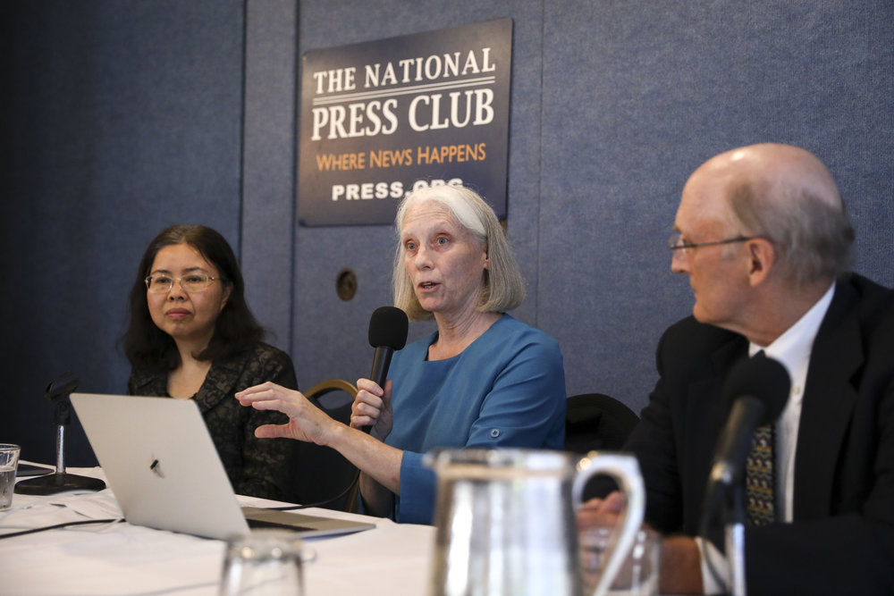 (L-R) Grace Yin, Founder and Lead Researcher at COHRC, Ann Corson, Editor at COHRC Reports, and Chief Editor, Doctor Against Forced Organ Harvesting Newsletter, and William Boericke, Editor at COHRC Reports, speak at the National Press Club on Latest Developments in China’s On-demand Killing of Prisoners of Conscience for Organs in Washington on July 15, 2019. (Samira Bouaou/The Epoch Times)